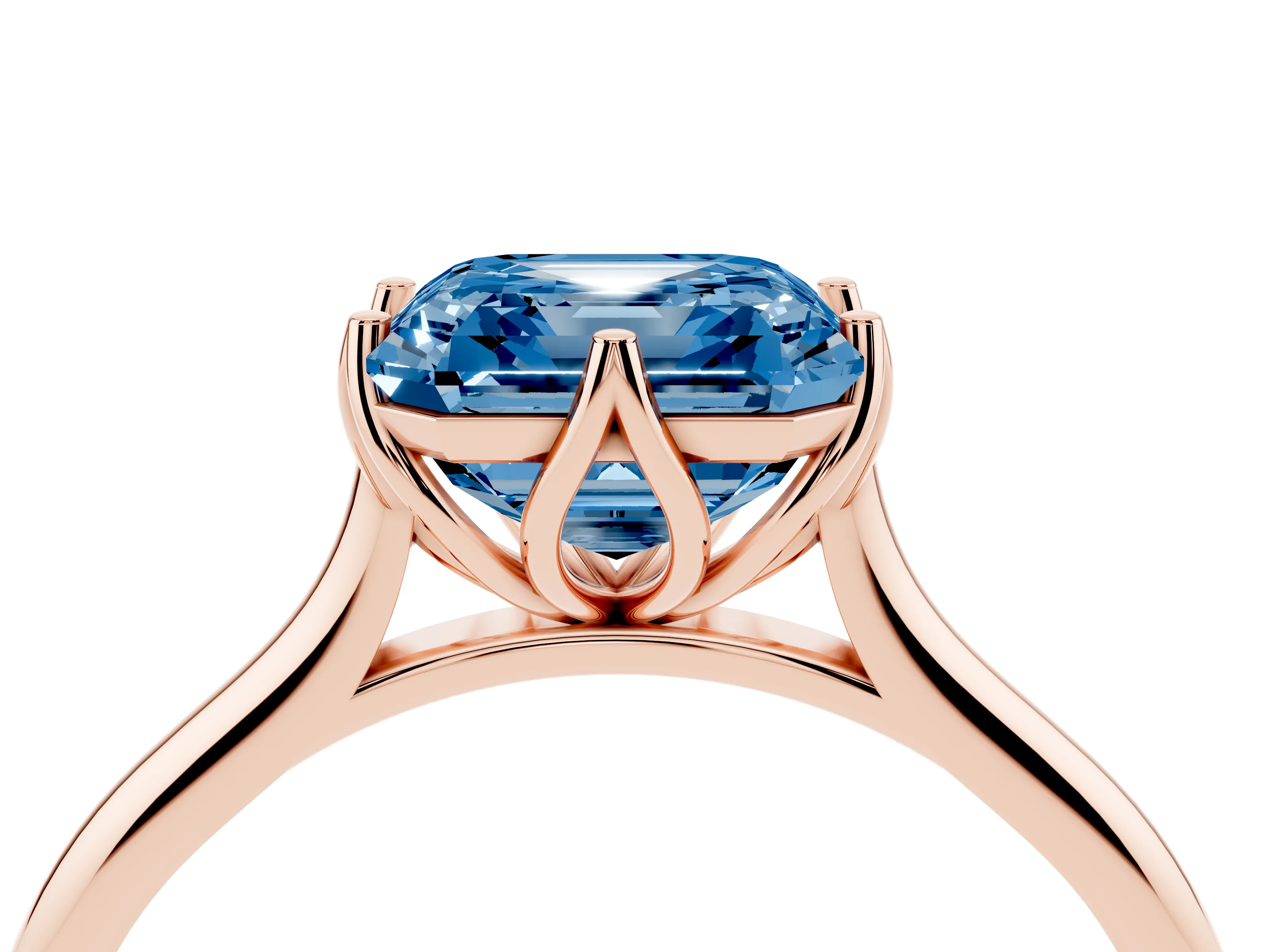 Fancy Blue Asscher Cut Diamond Solitaire Cathedral Ring Set in Rose gold with Prong Setting