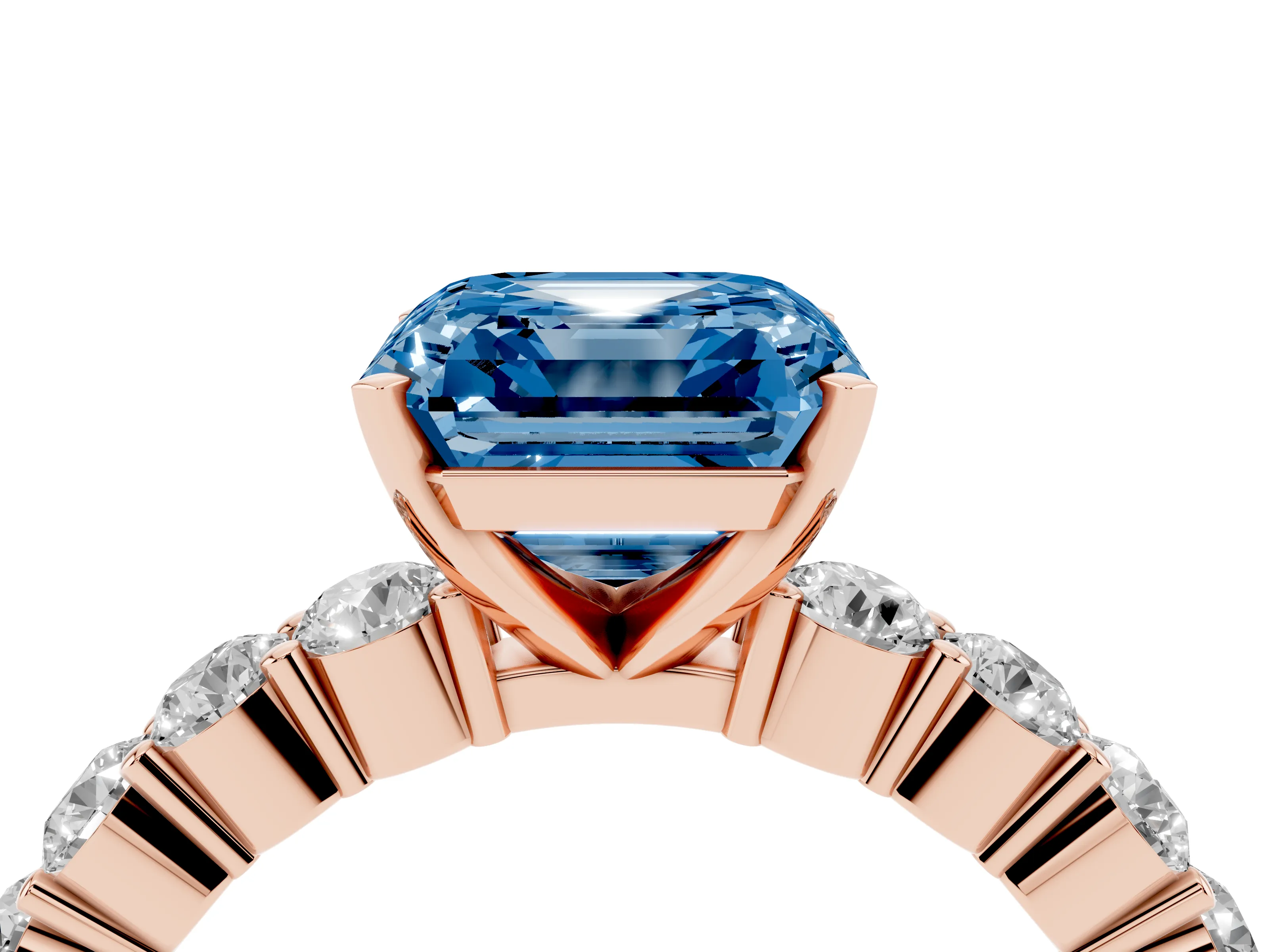 Fancy Blue Asscher Cut Diamond Solitaire Ring Set in Rose gold with Shared Prong Round Side Stones