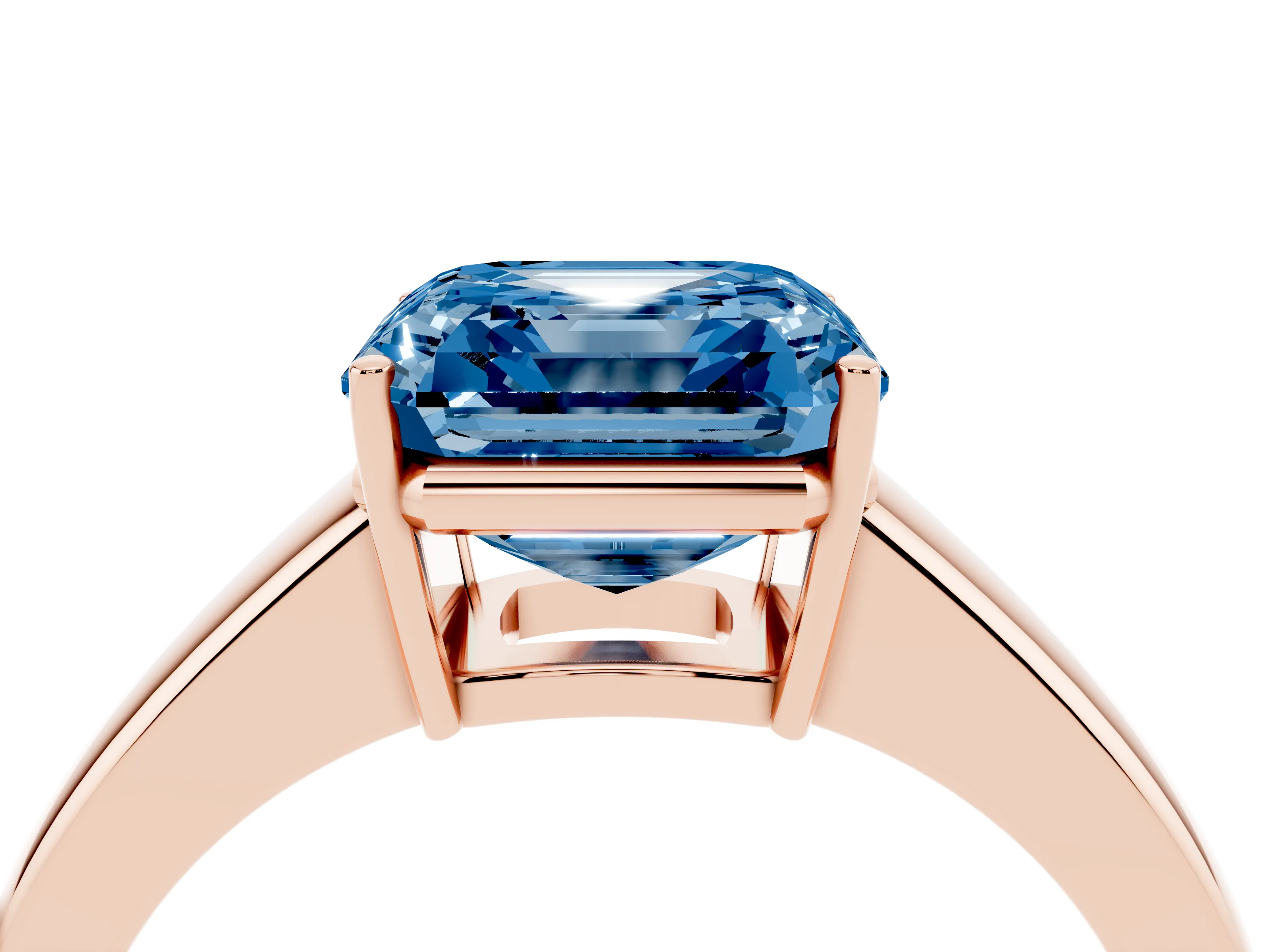Fancy Blue Asscher Cut Diamond Solitaire Ring Set in Rose gold with Tapered Band and Prong Setting
