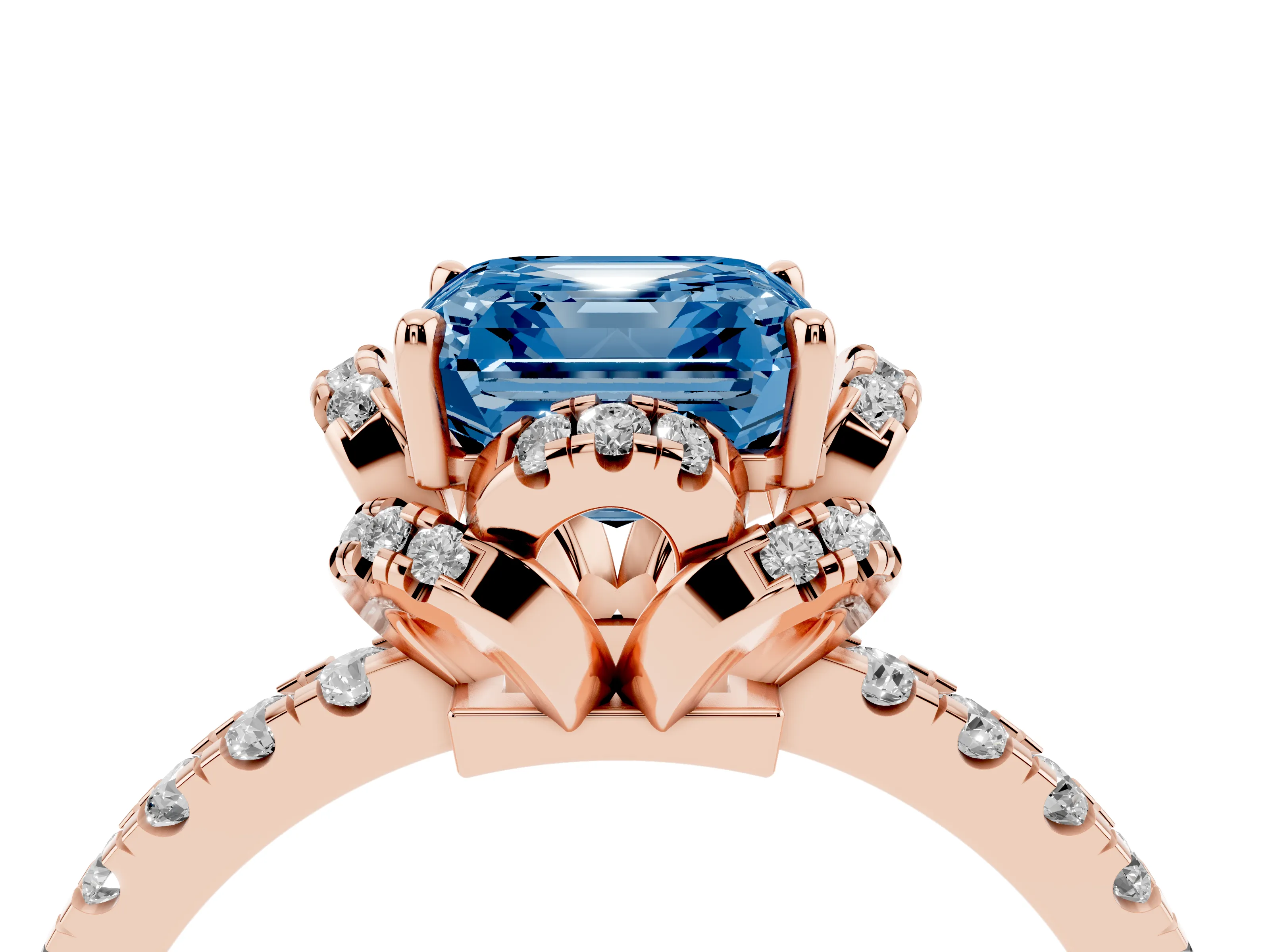 Fancy Blue Asscher Cut Diamond Halo Pavé Ring Set in Rose gold with Prong-Held Center Stone