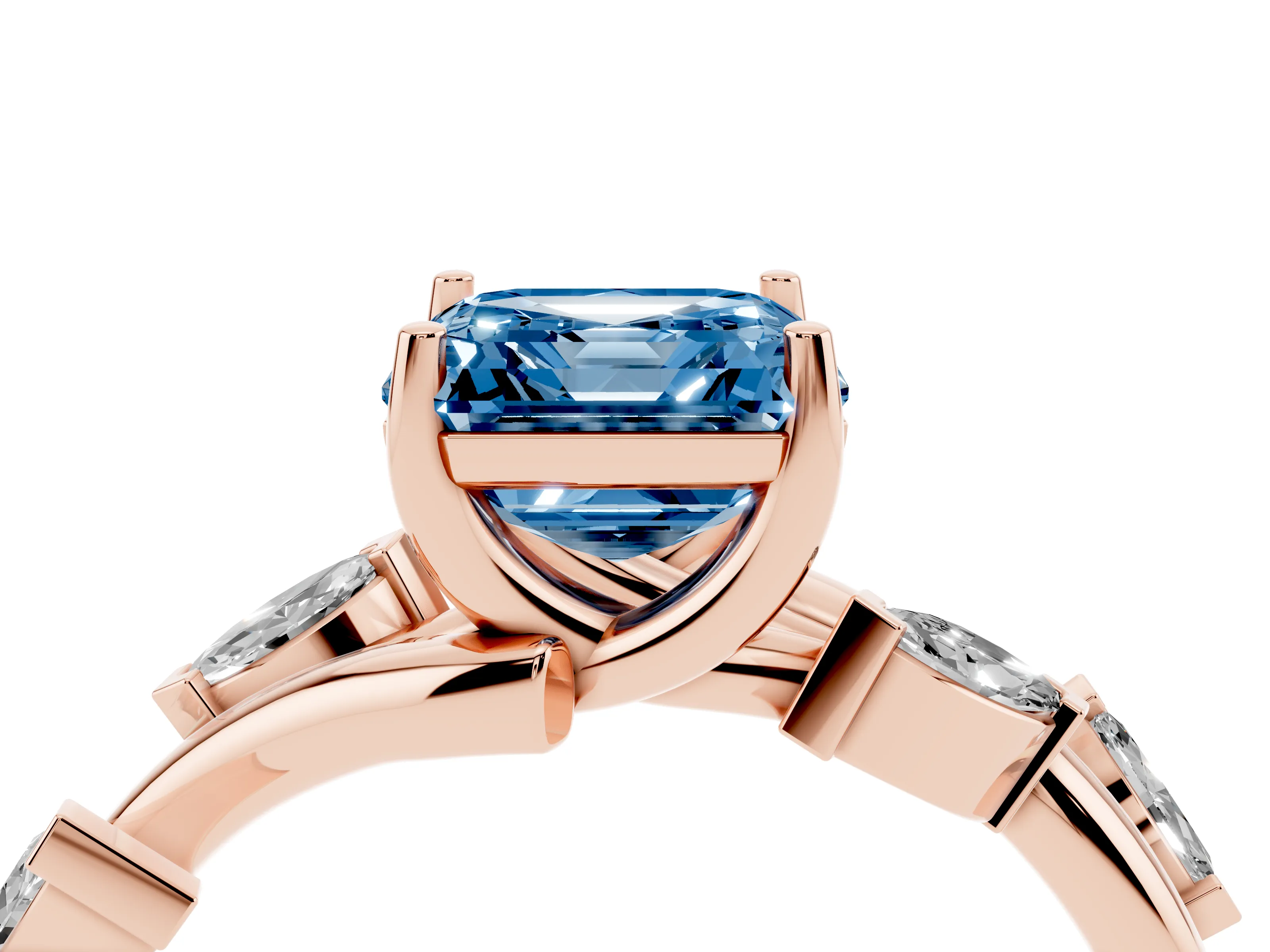 Fancy Blue Asscher Cut Diamond Solitaire Ring Set in Rose gold with Twisted Marquise Accent Band