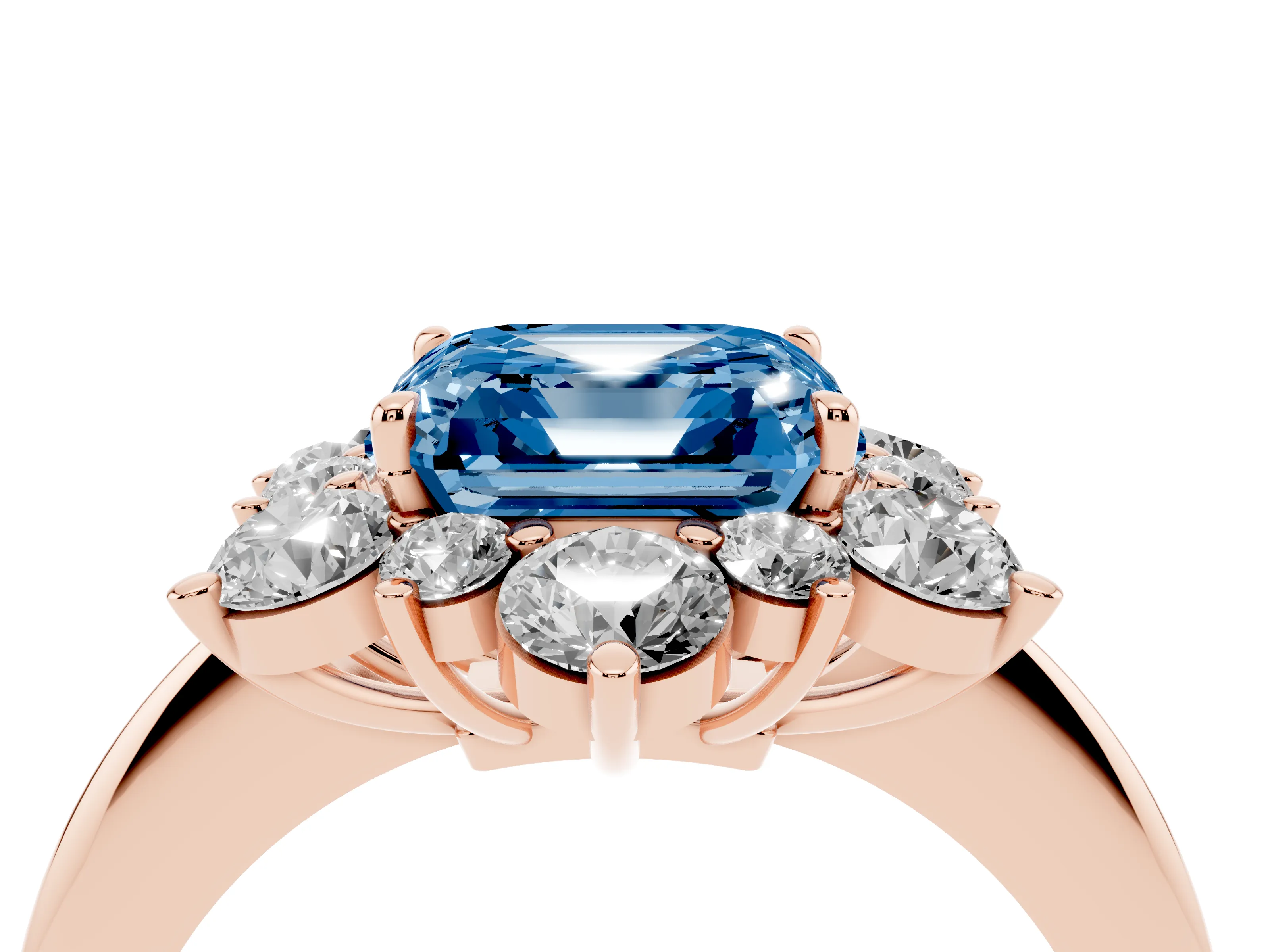 Fancy Blue Asscher Cut Diamond Cluster Halo Ring Set in Rose gold with Solitaire Band and Prong Setting