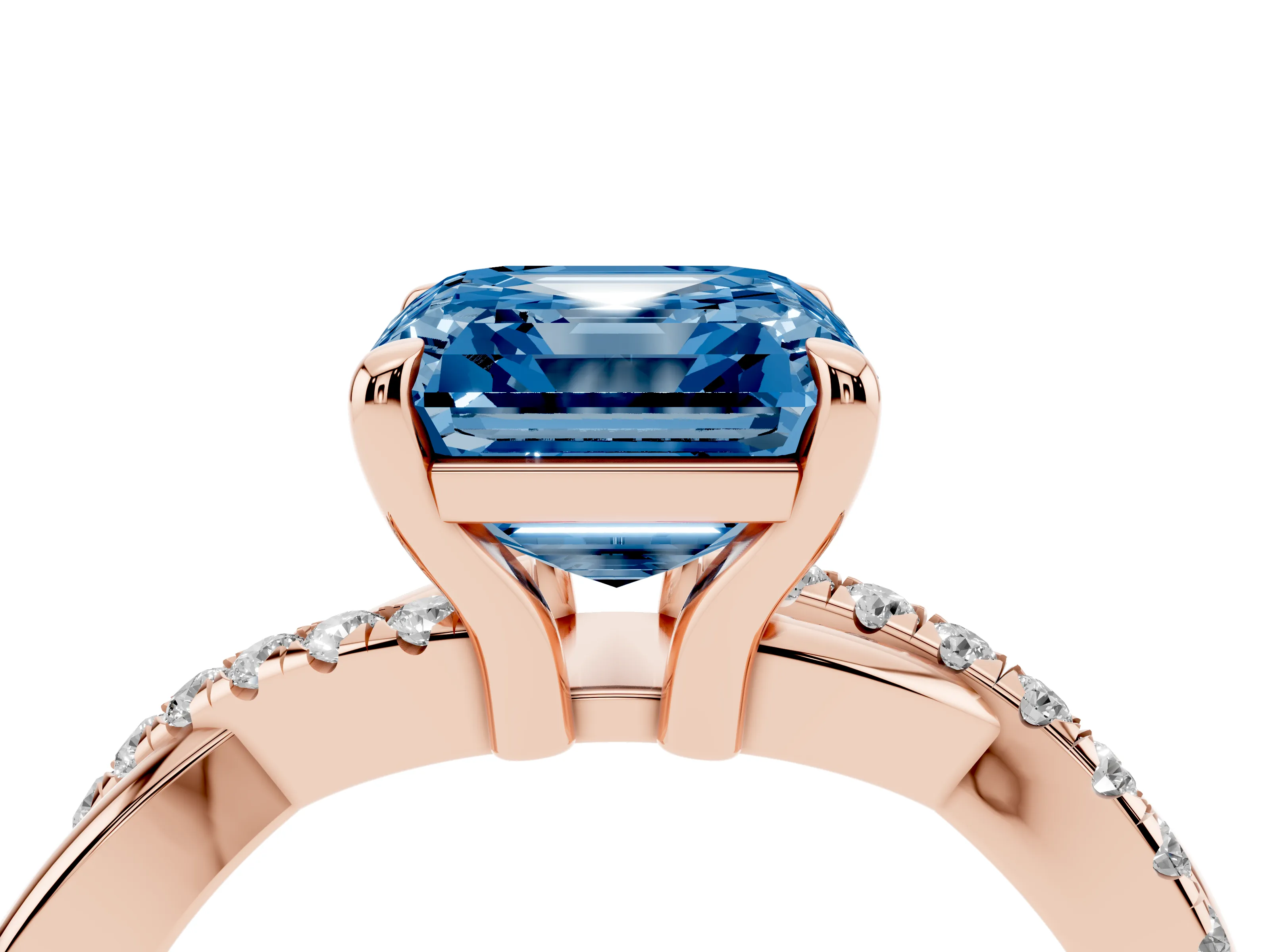 Fancy Blue Asscher Cut Diamond Twist Band Pavé Solitaire Ring Set in Rose gold with Prong Setting
