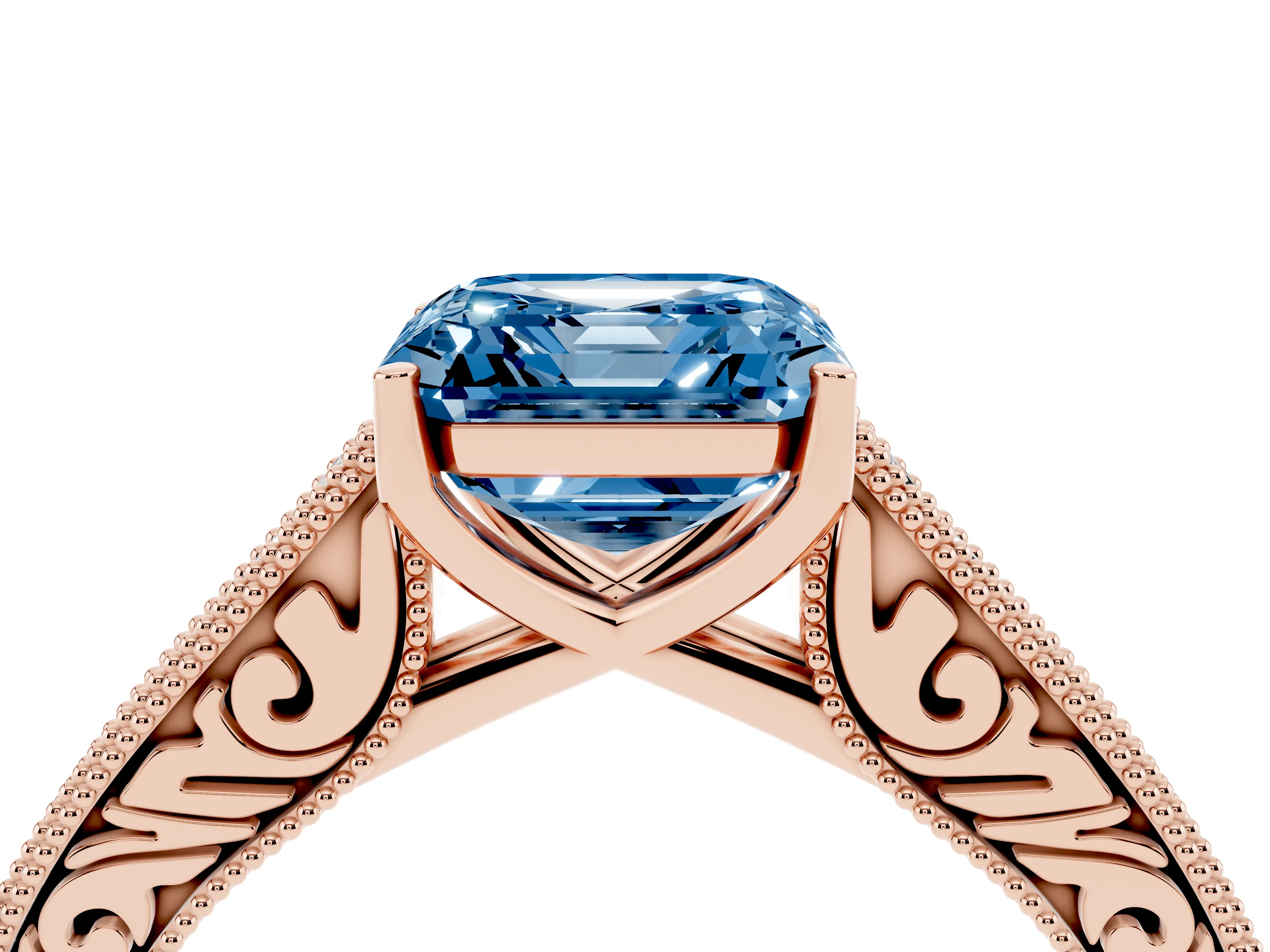 Fancy Blue Asscher Cut Diamond Milgrain Pavé Band Solitaire Ring Set in Rose gold with Prong Setting