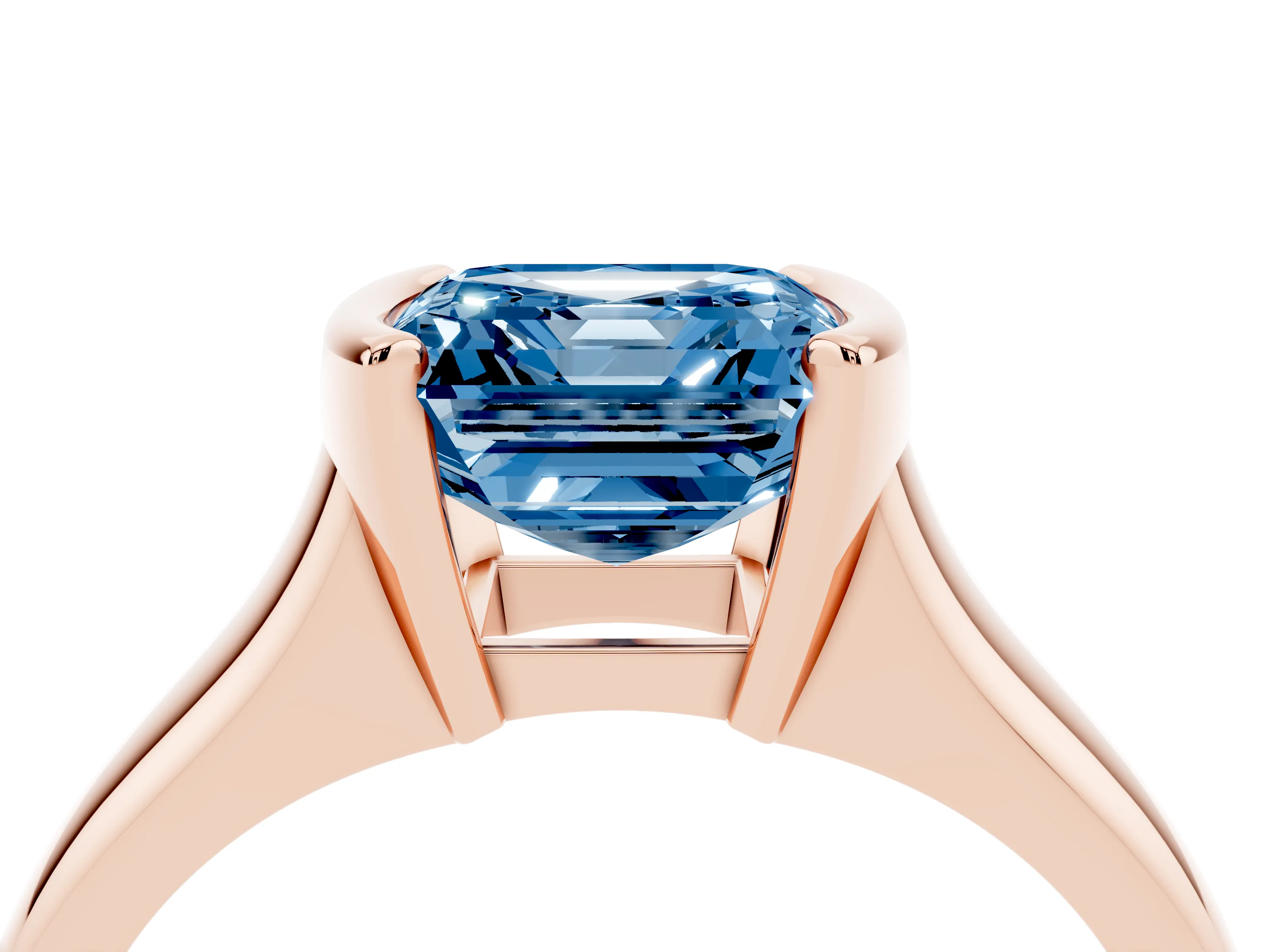 Fancy Blue Asscher Cut Diamond Solitaire Tension Set Ring Set in Rose gold with Split Shank Band