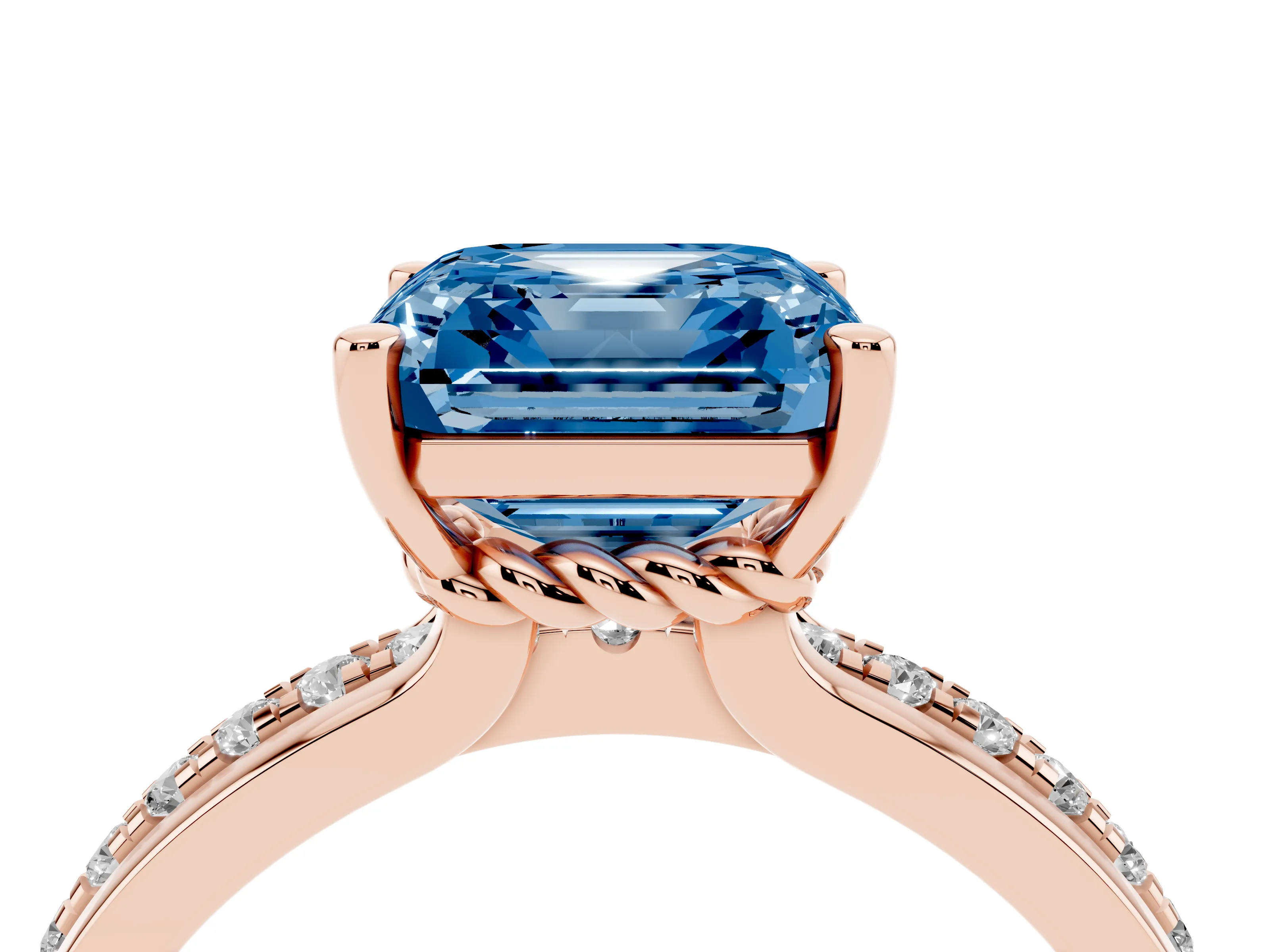 Fancy Blue Asscher Cut Diamond Solitaire Ring Set in Rose gold with Channel Set Band and Prong Setting