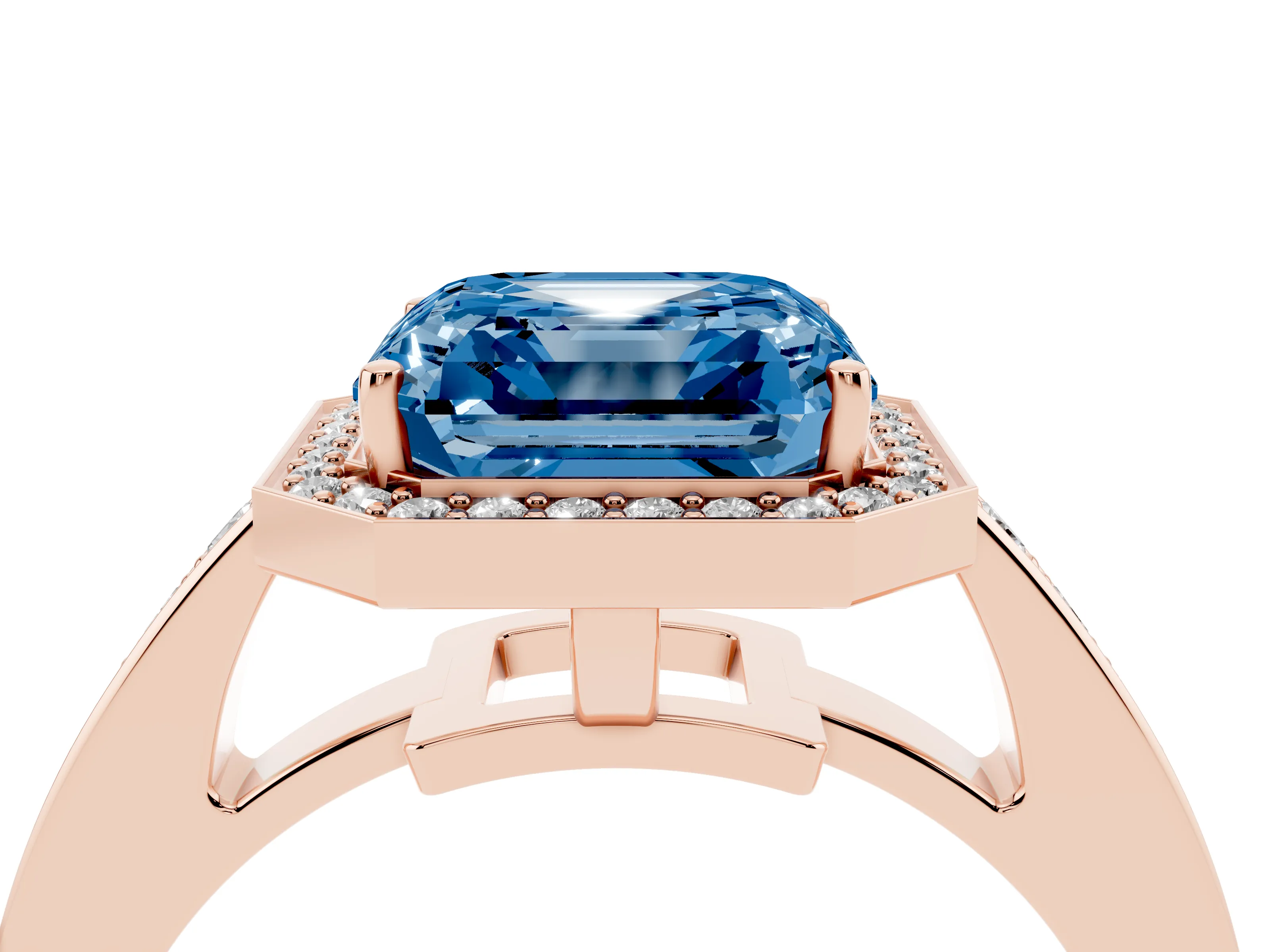 Fancy Blue Asscher Cut Diamond Halo Pavé Engagement Ring Set in Rose gold with Bezel Setting