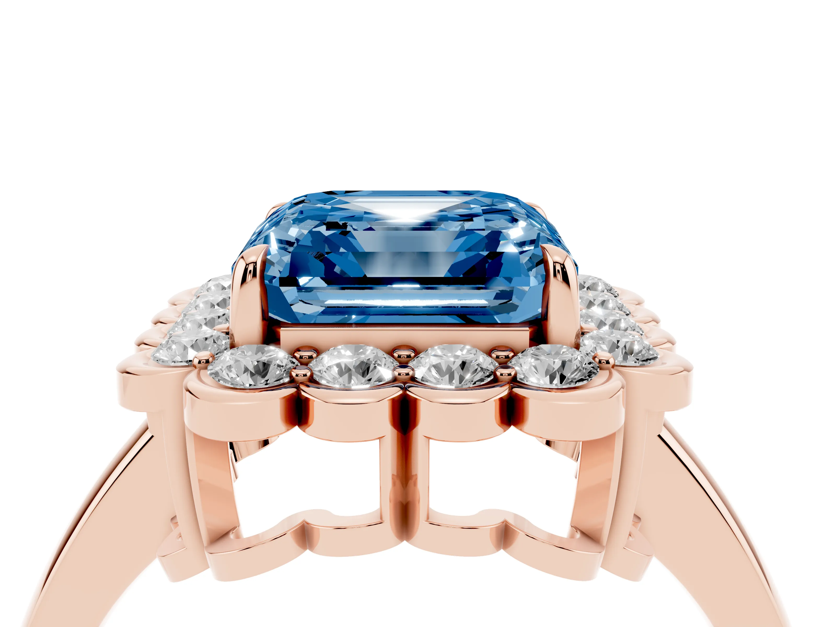 Fancy Blue Asscher Cut Diamond Halo Cluster Engagement Ring Set in Rose gold with Solitaire Band and Prong Setting