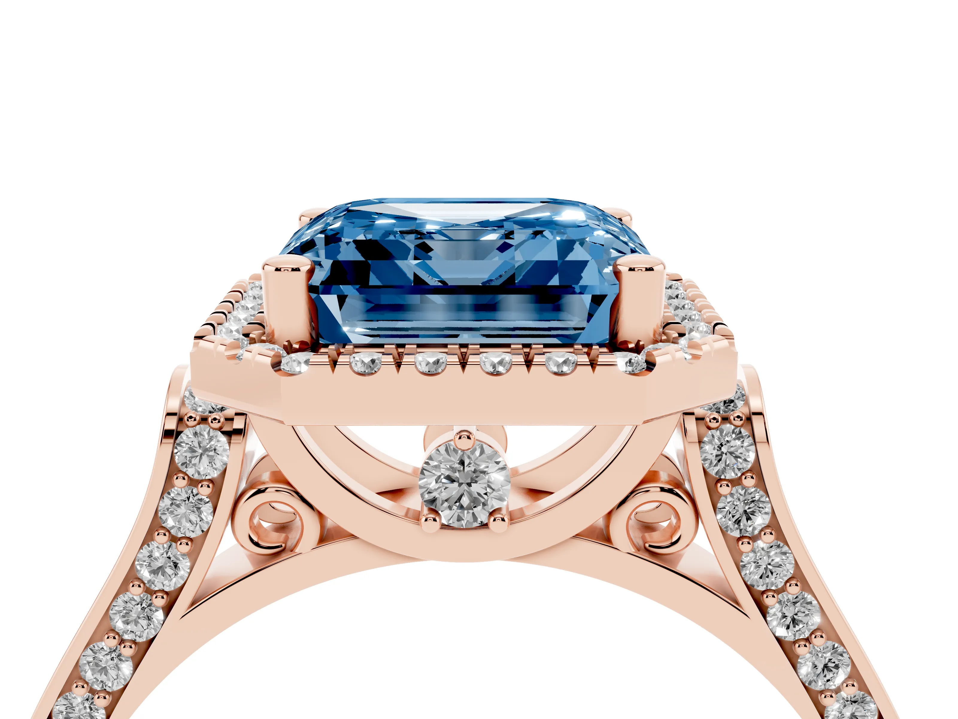 Fancy Blue Asscher Cut Diamond Halo Ring Set in Rose gold with Pavé-Lined Split Shank Band