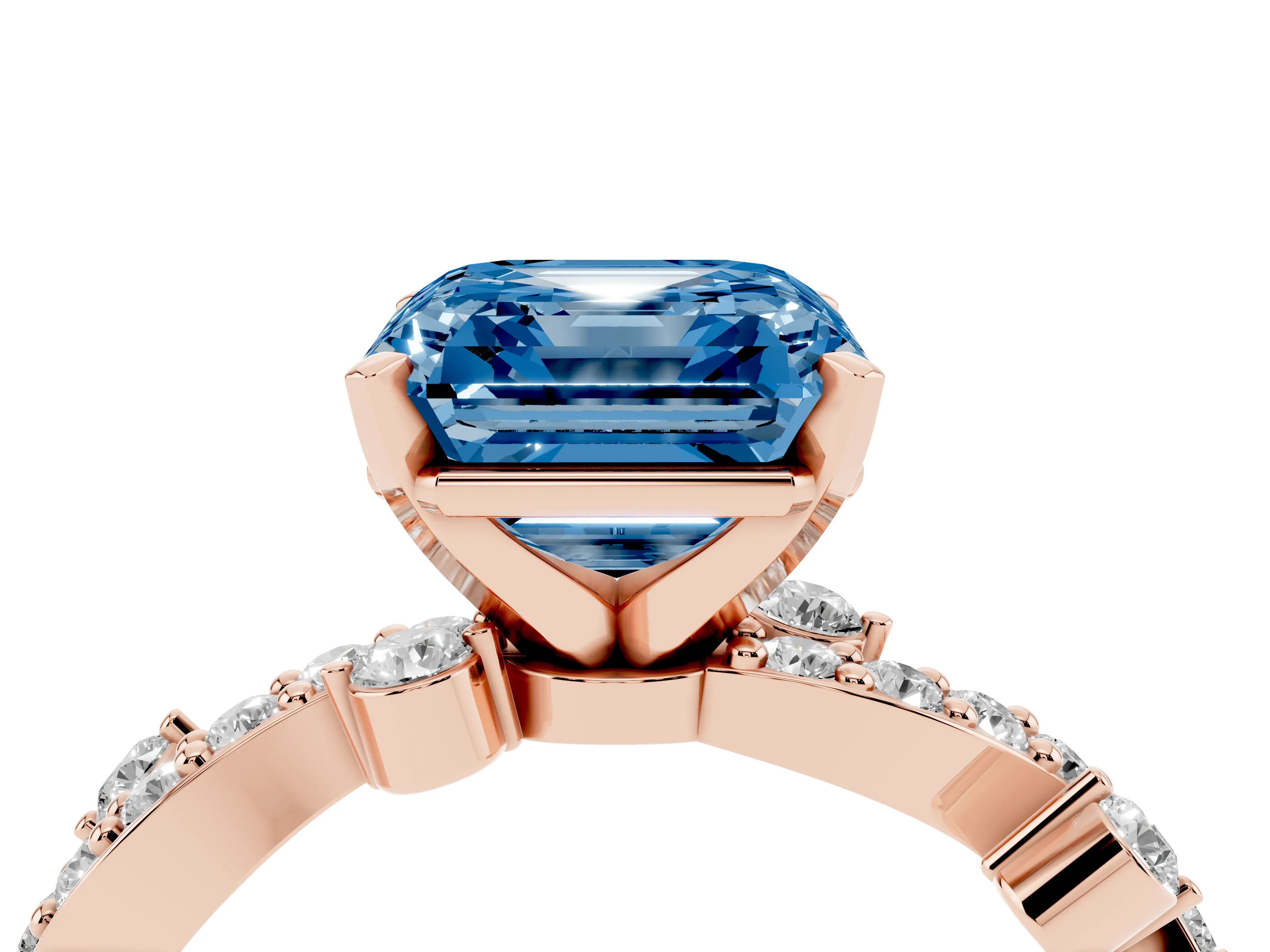 Fancy Blue Asscher Cut Diamond Solitaire Twisted Band Set in Rose gold with Pavé Setting
