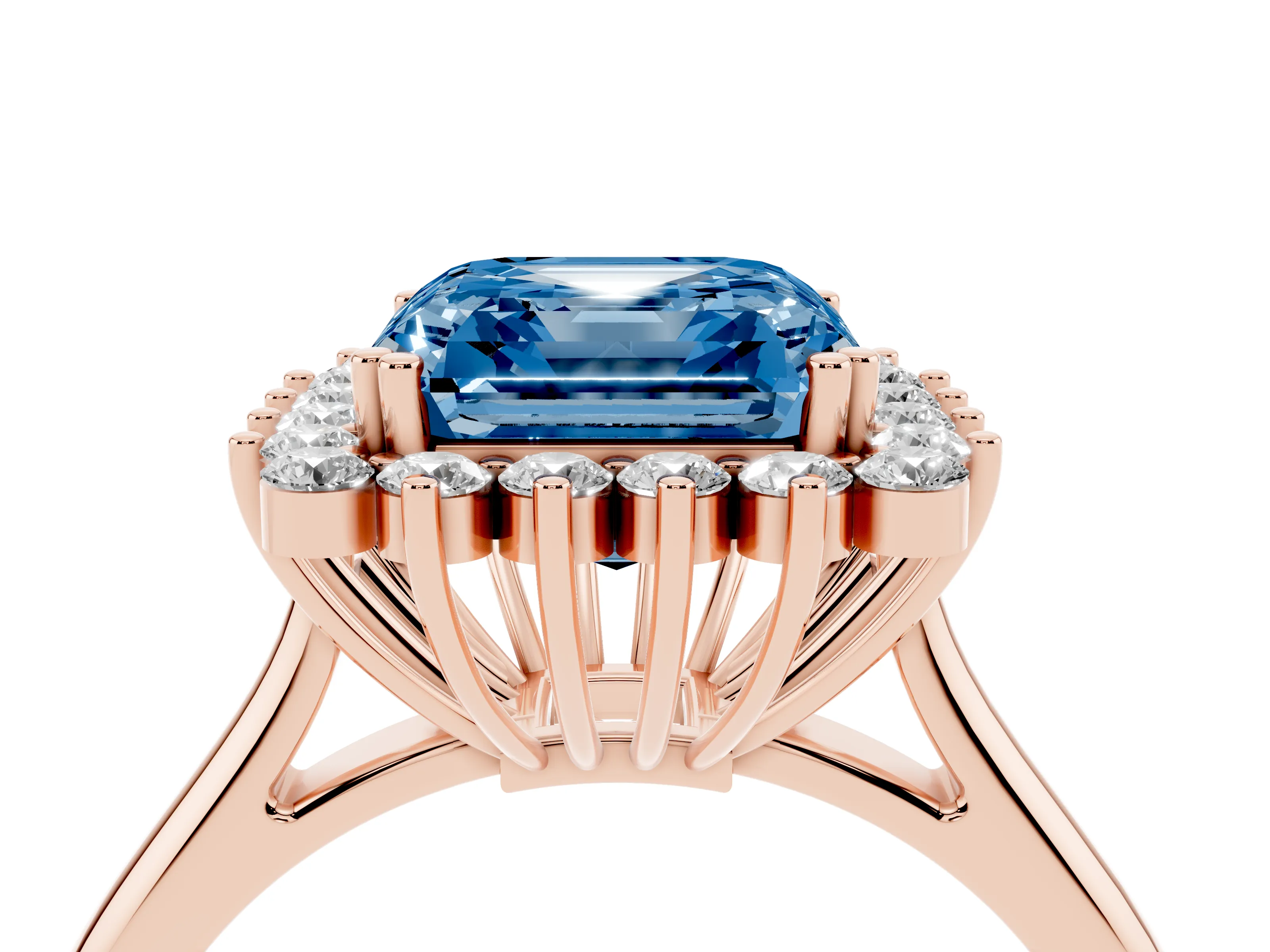 Fancy Blue Asscher Cut Diamond Halo Ring Set in Rose gold with Plain Solitaire Band and Prong Setting