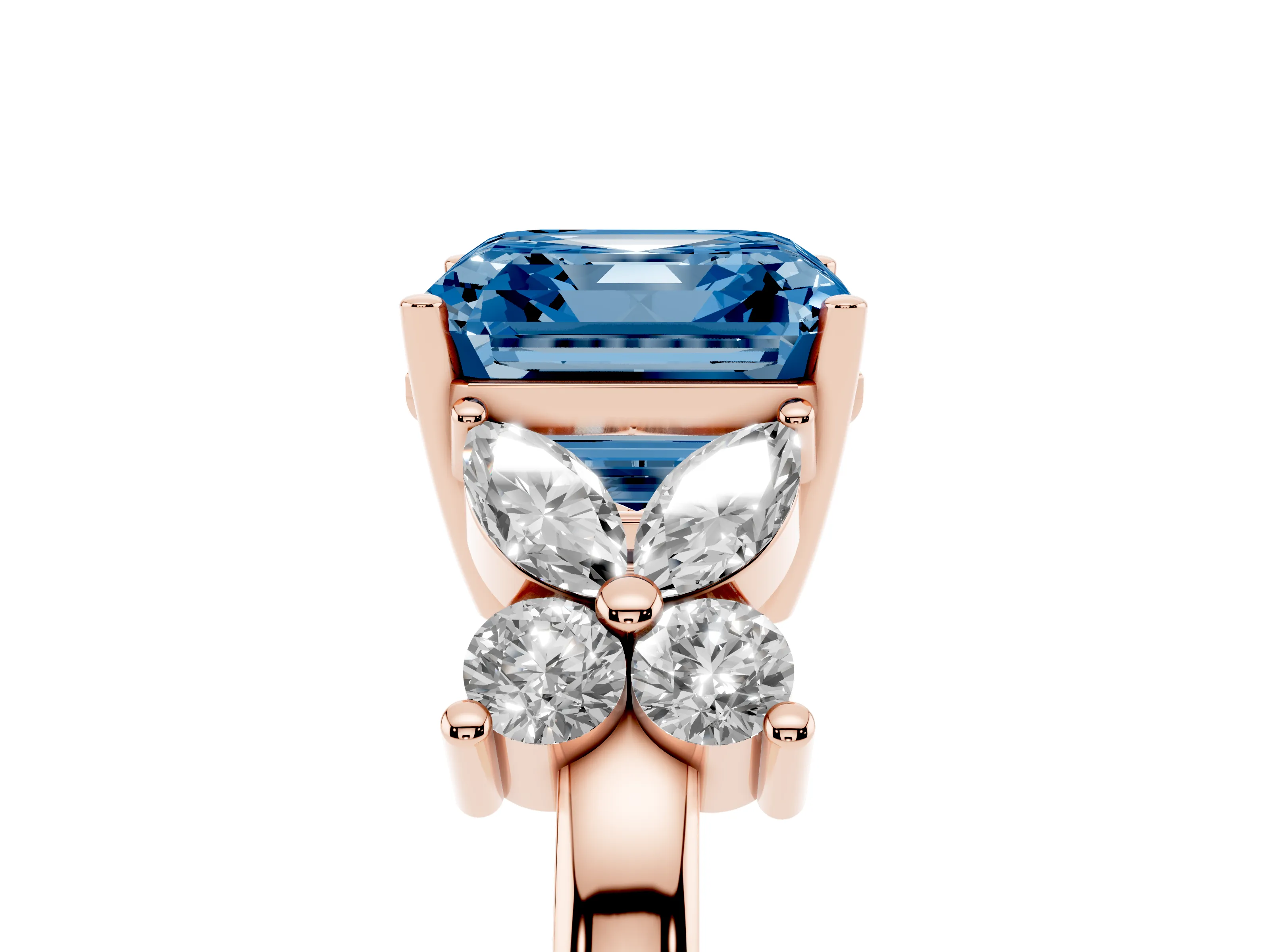 Fancy Blue Asscher Cut Diamond Floral Cluster Ring Set in Rose gold with Marquise Petals and Prong Setting