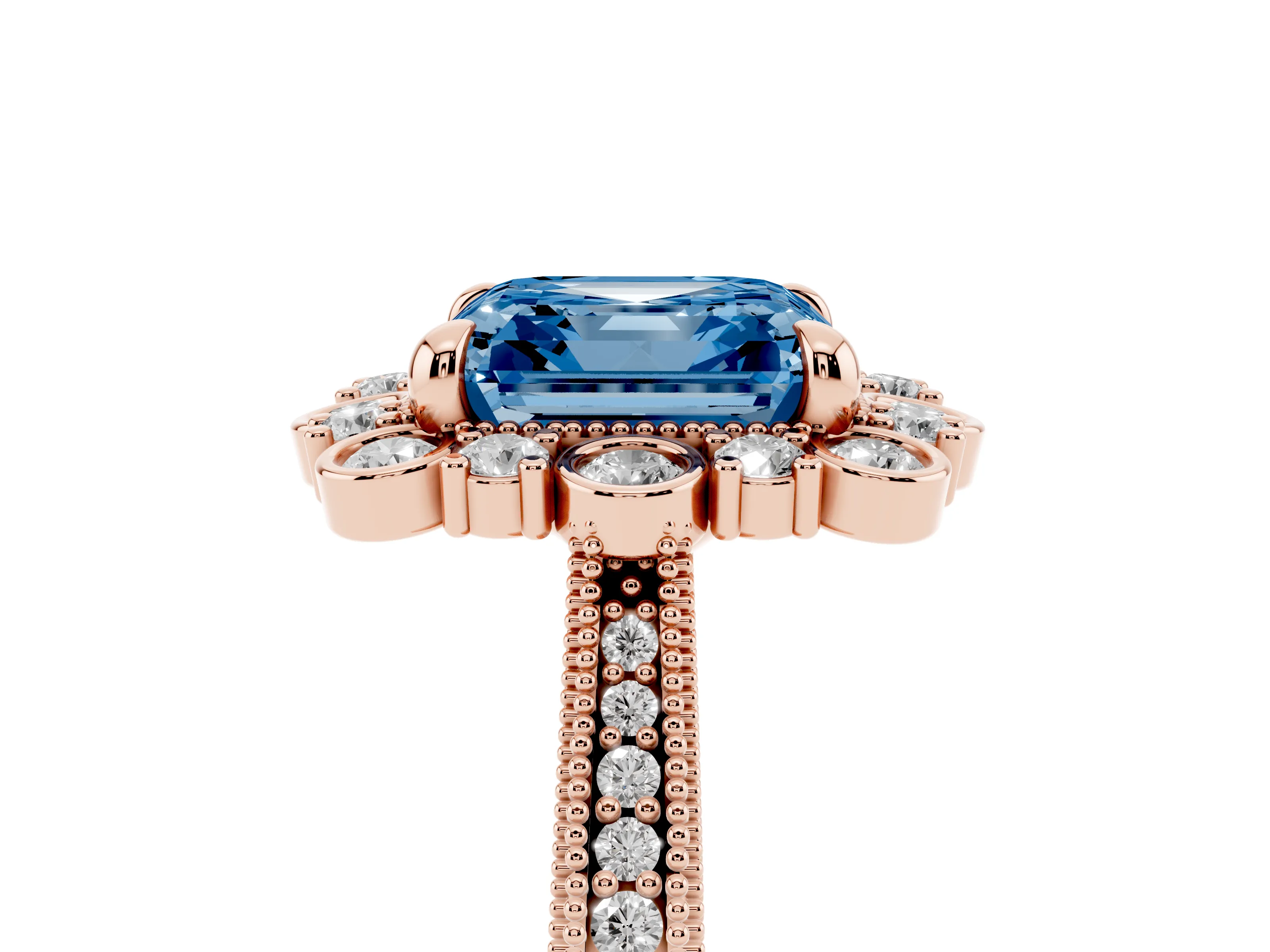 Fancy Blue Asscher Cut Diamond Halo Milgrain Pavé Ring Set in Rose gold with Prong Setting