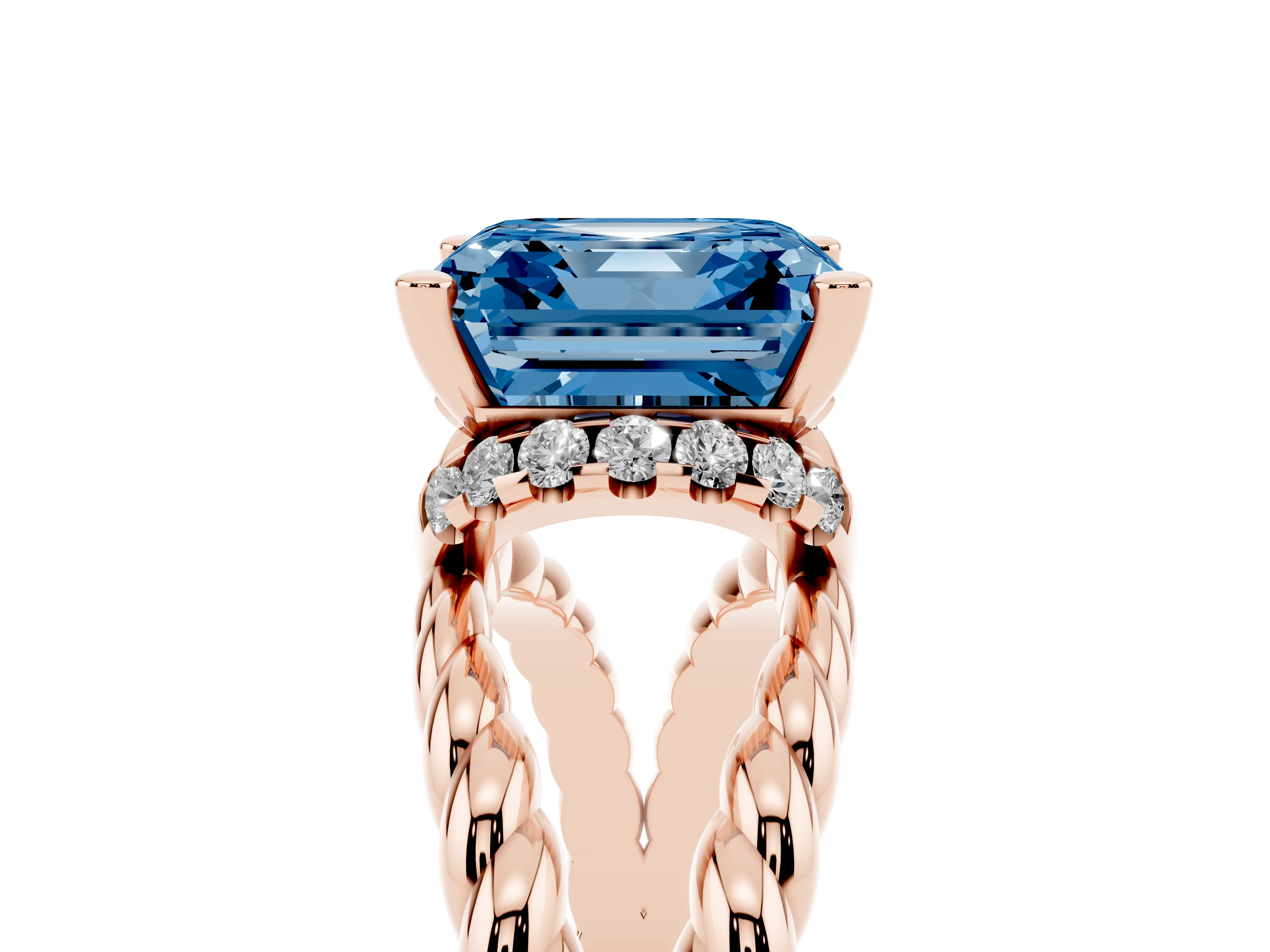 Fancy Blue Asscher Cut Diamond Halo Ring Set in Rose gold with Twisted Band and Prong Setting