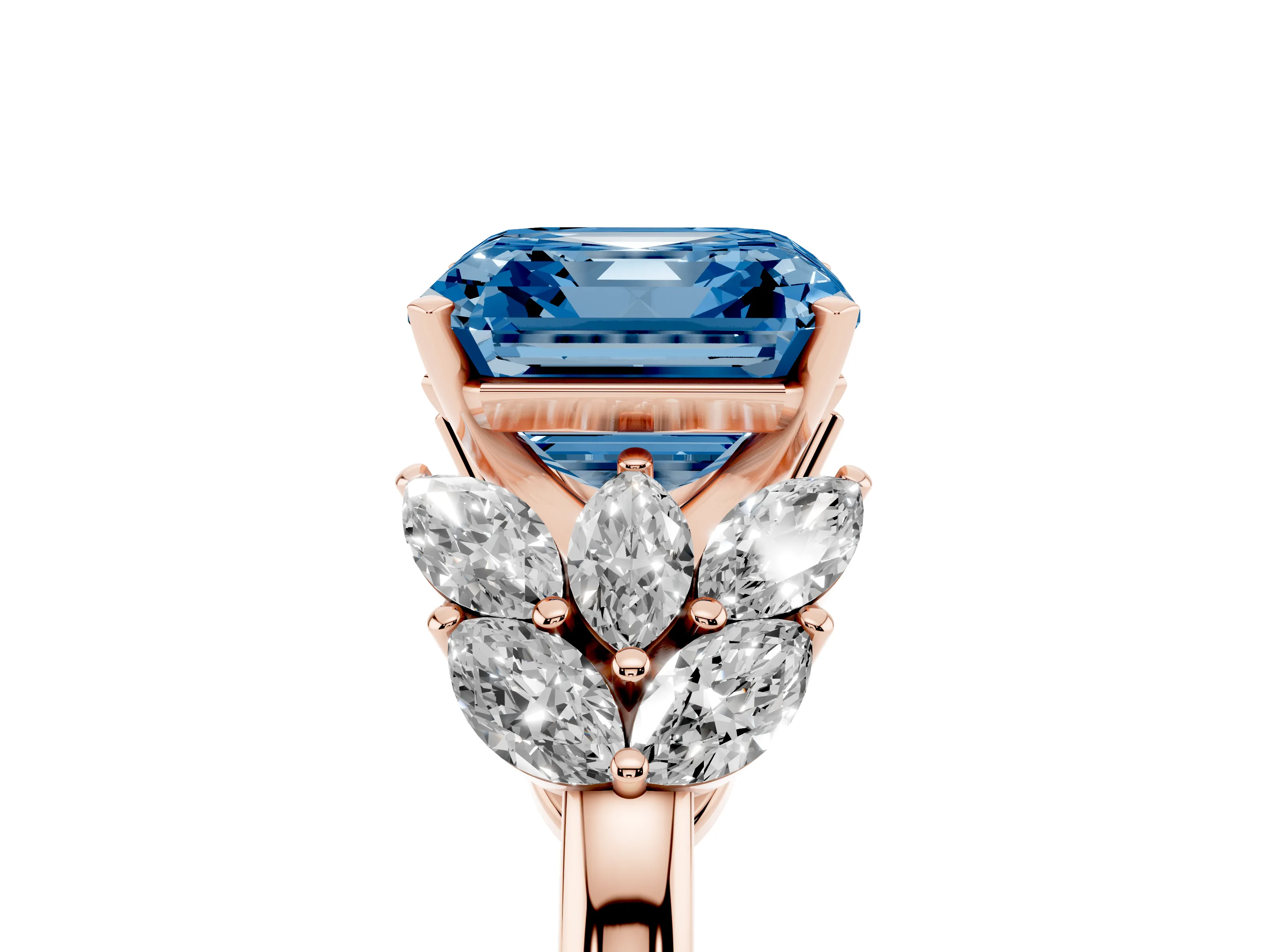 Fancy Blue Asscher Cut Diamond Cluster Leaf Design Ring Set in Rose gold with Prong Setting
