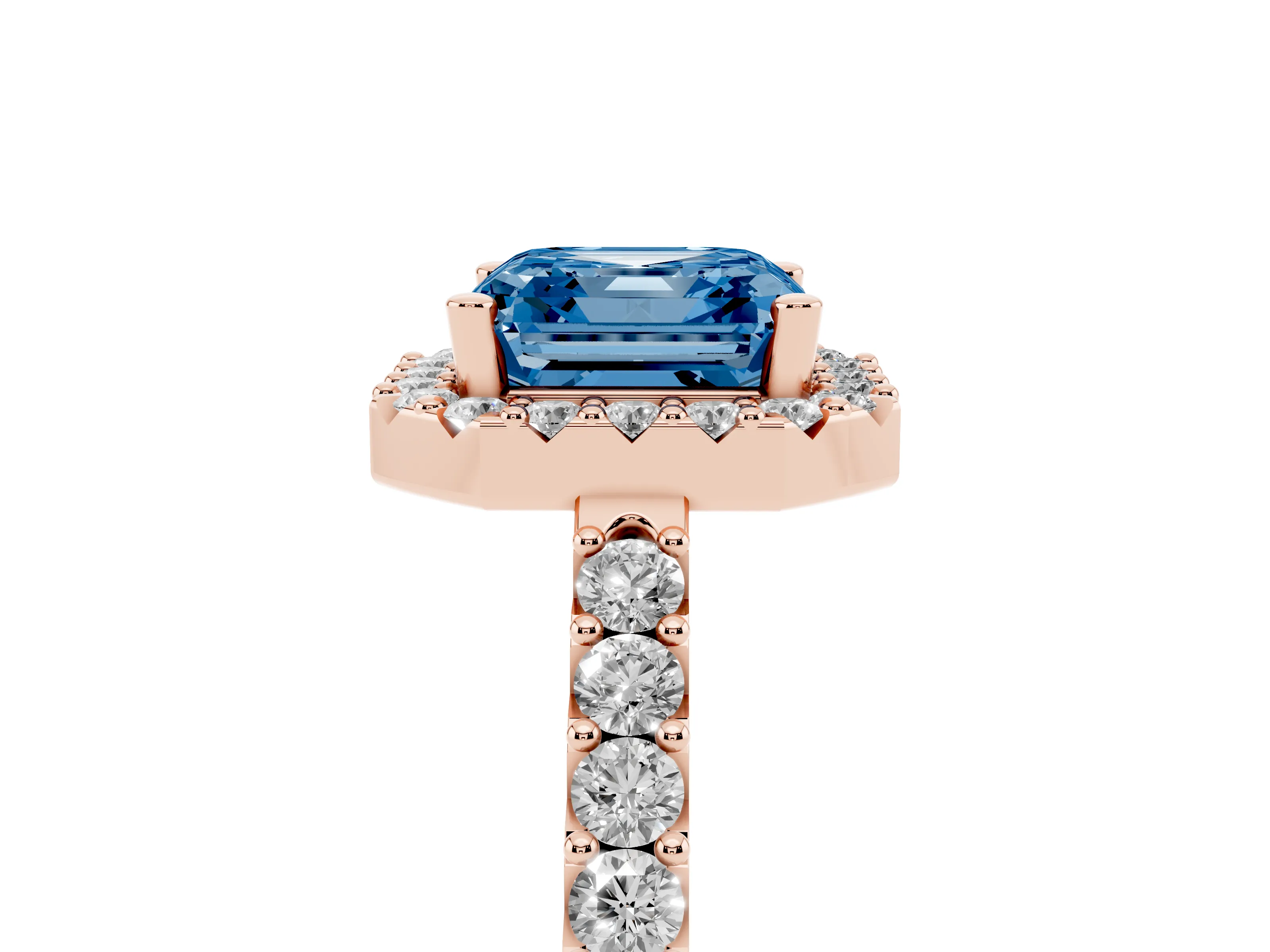 Fancy Blue Asscher Cut Diamond Halo Pavé Solitaire Ring Set in Rose gold with Prong-Set Center Stone