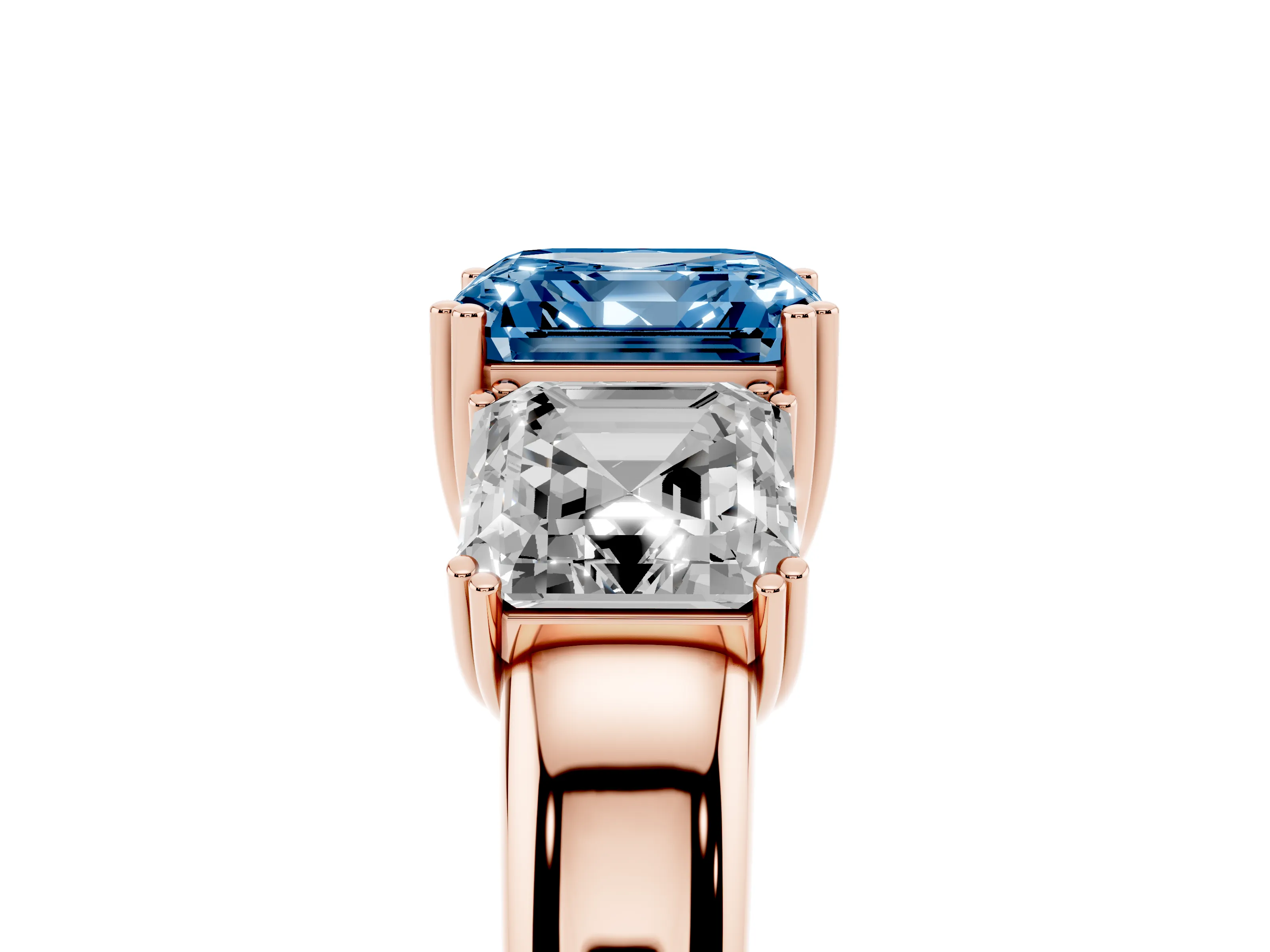 Fancy Blue Asscher Cut Diamond Three-Stone Ring Set in Rose gold with Polished Band and Prong Setting