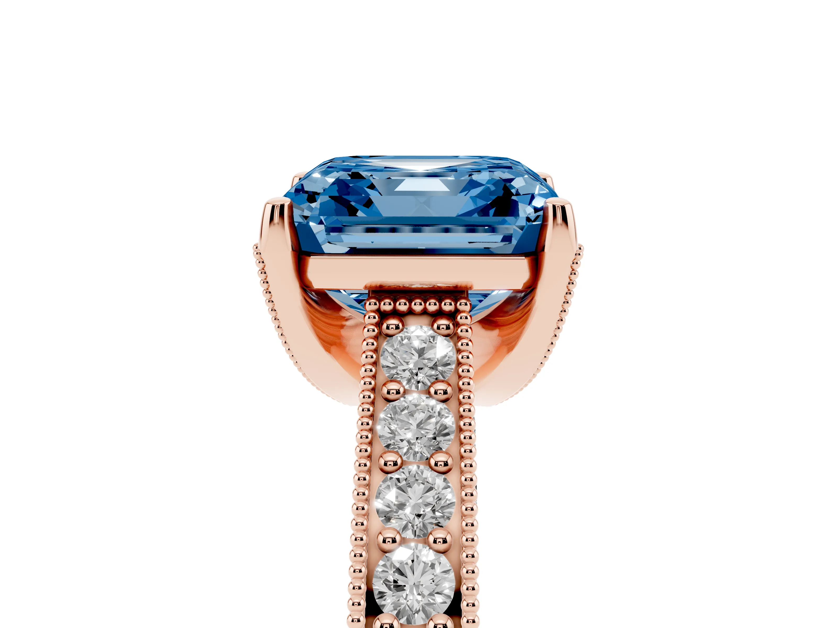 Fancy Blue Asscher Cut Diamond Solitaire Ring Set in Rose gold with Milgrain-Edged Pavé Band and Prong Setting