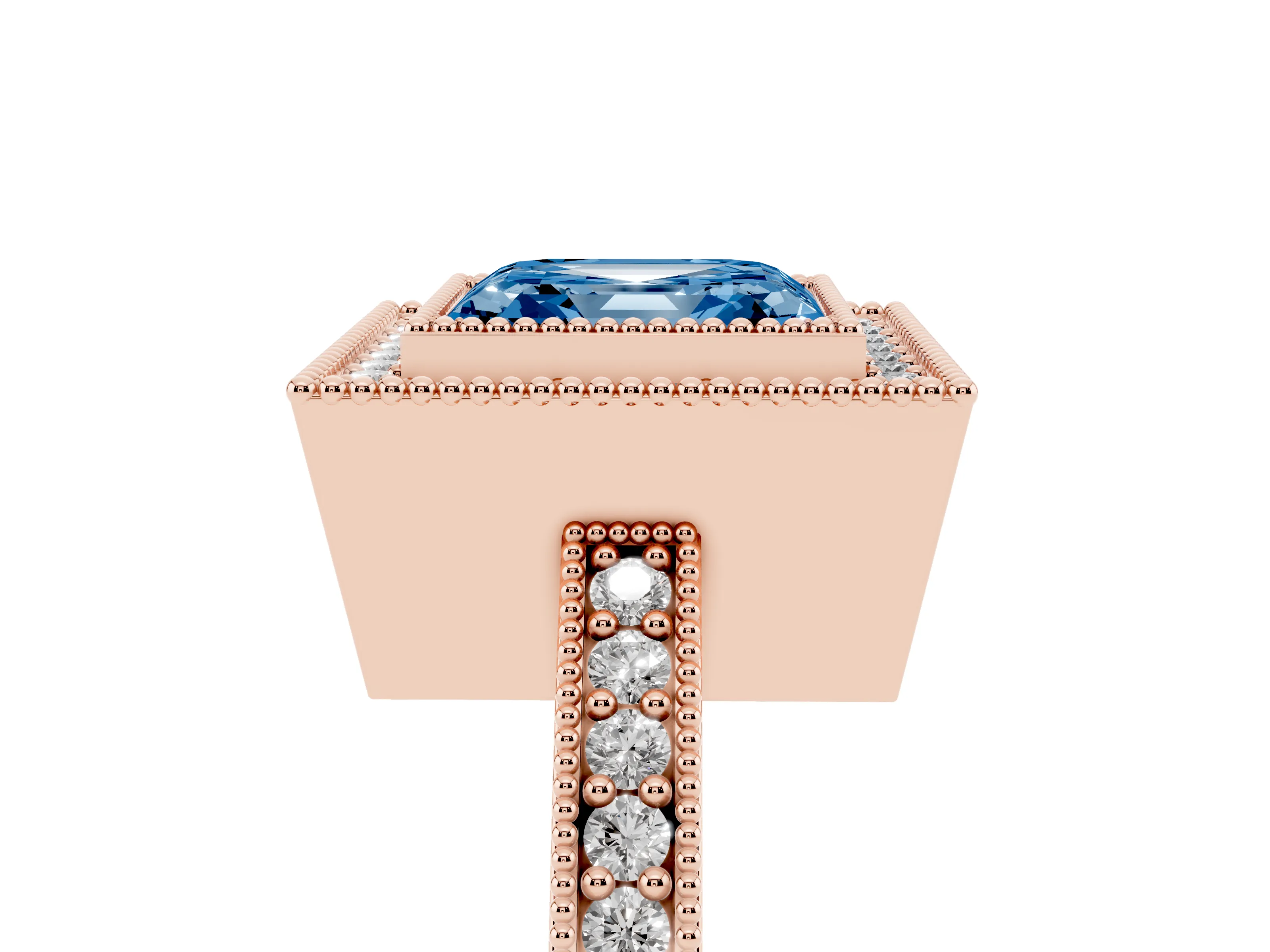Fancy Blue Asscher Cut Diamond Halo Engagement Ring Set in Rose gold with Pavé Band and Round Halo Stones
