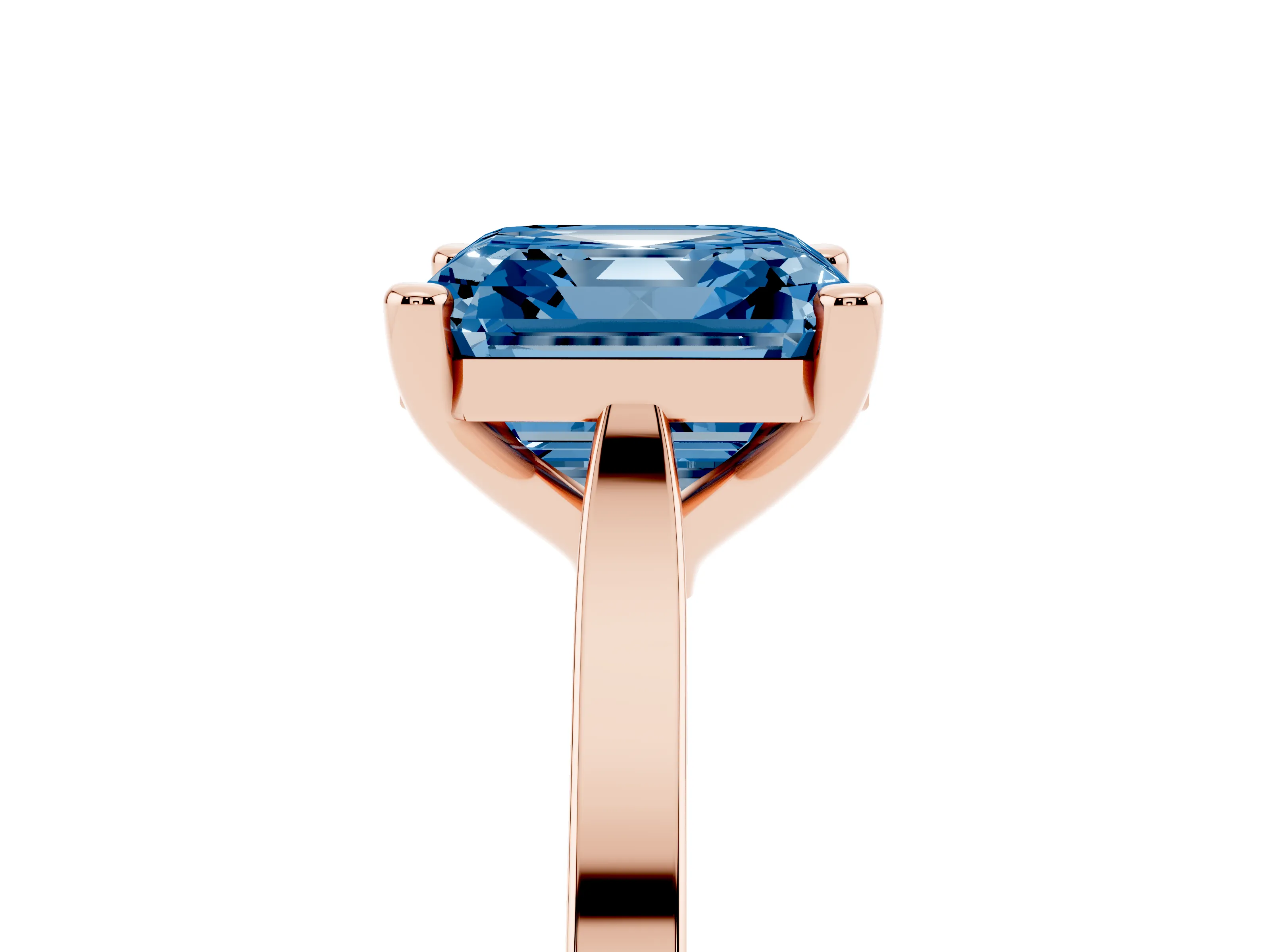 Fancy Blue Asscher Cut Diamond Solitaire Ring Set in Rose gold with Prong Setting and Tapered Band