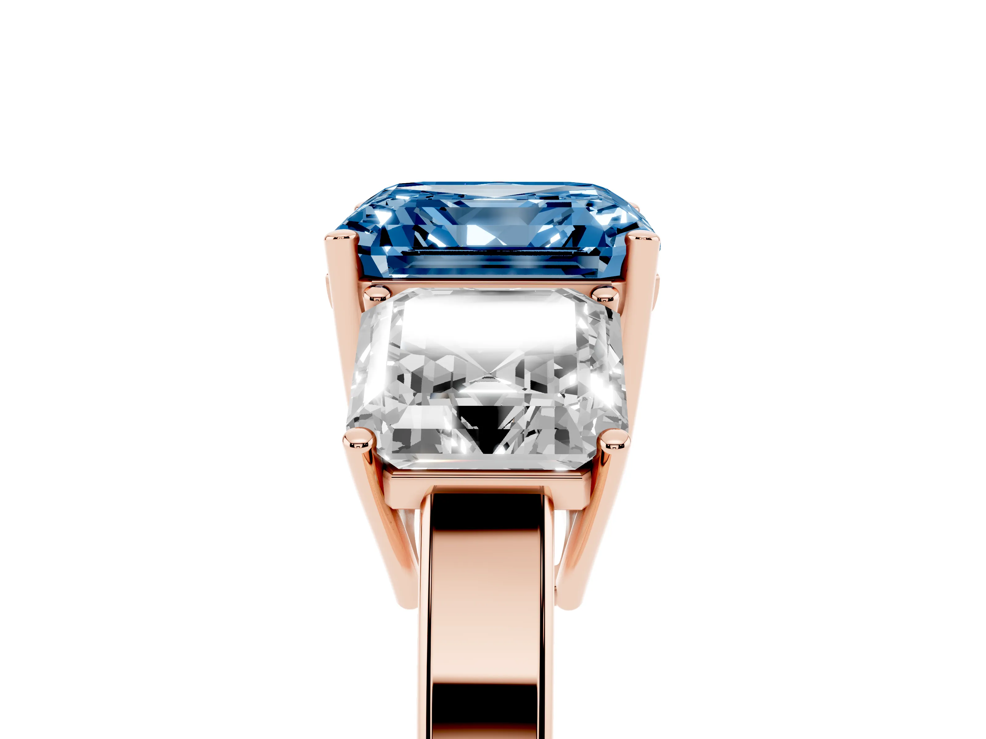 Fancy Blue Asscher Cut Diamond Three-Stone Engagement Ring Set in Rose gold with Flat Band