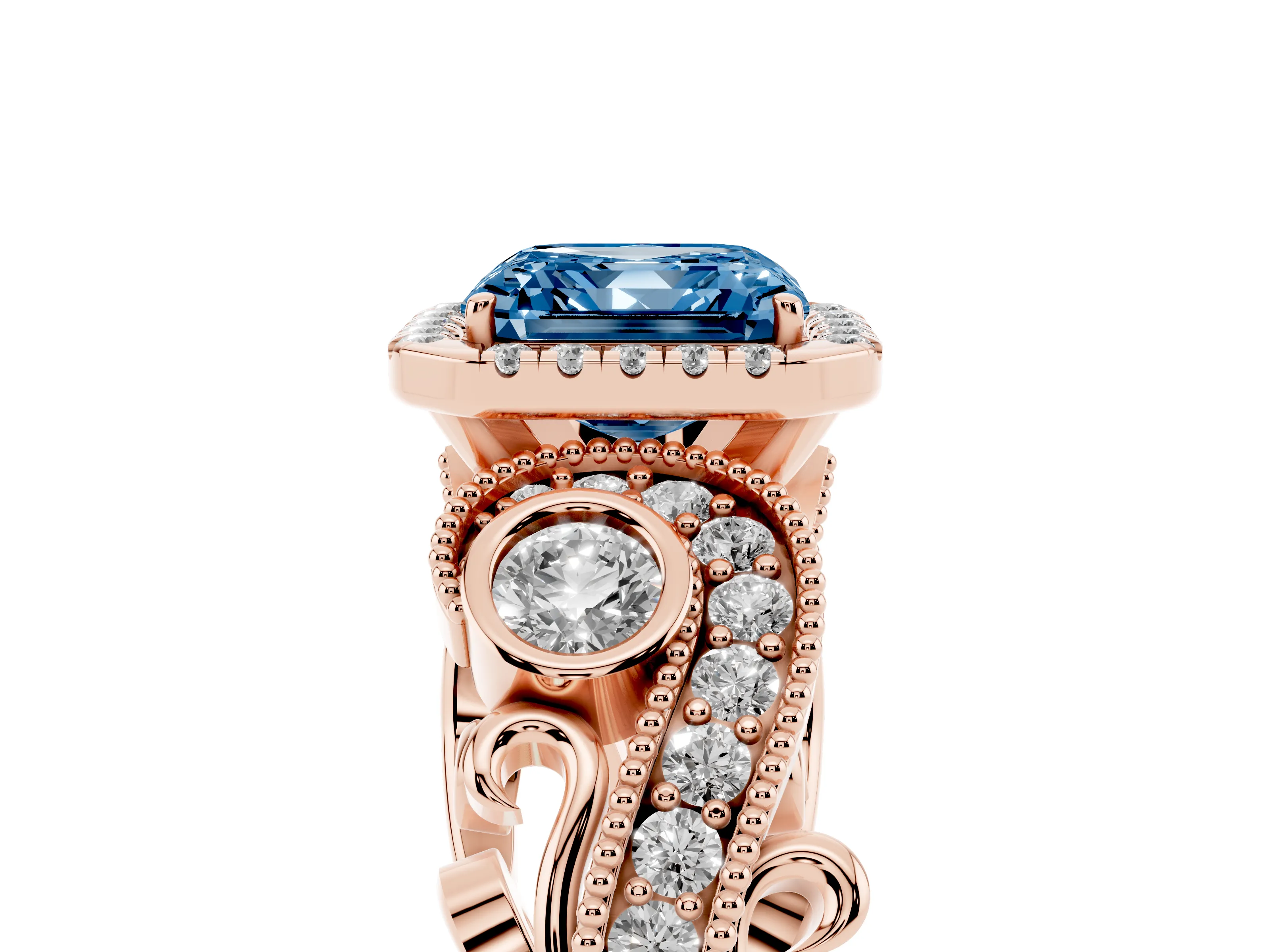Fancy Blue Asscher Cut Diamond Halo Ring Set in Rose gold with Milgrain Pavé Band and Prong Setting