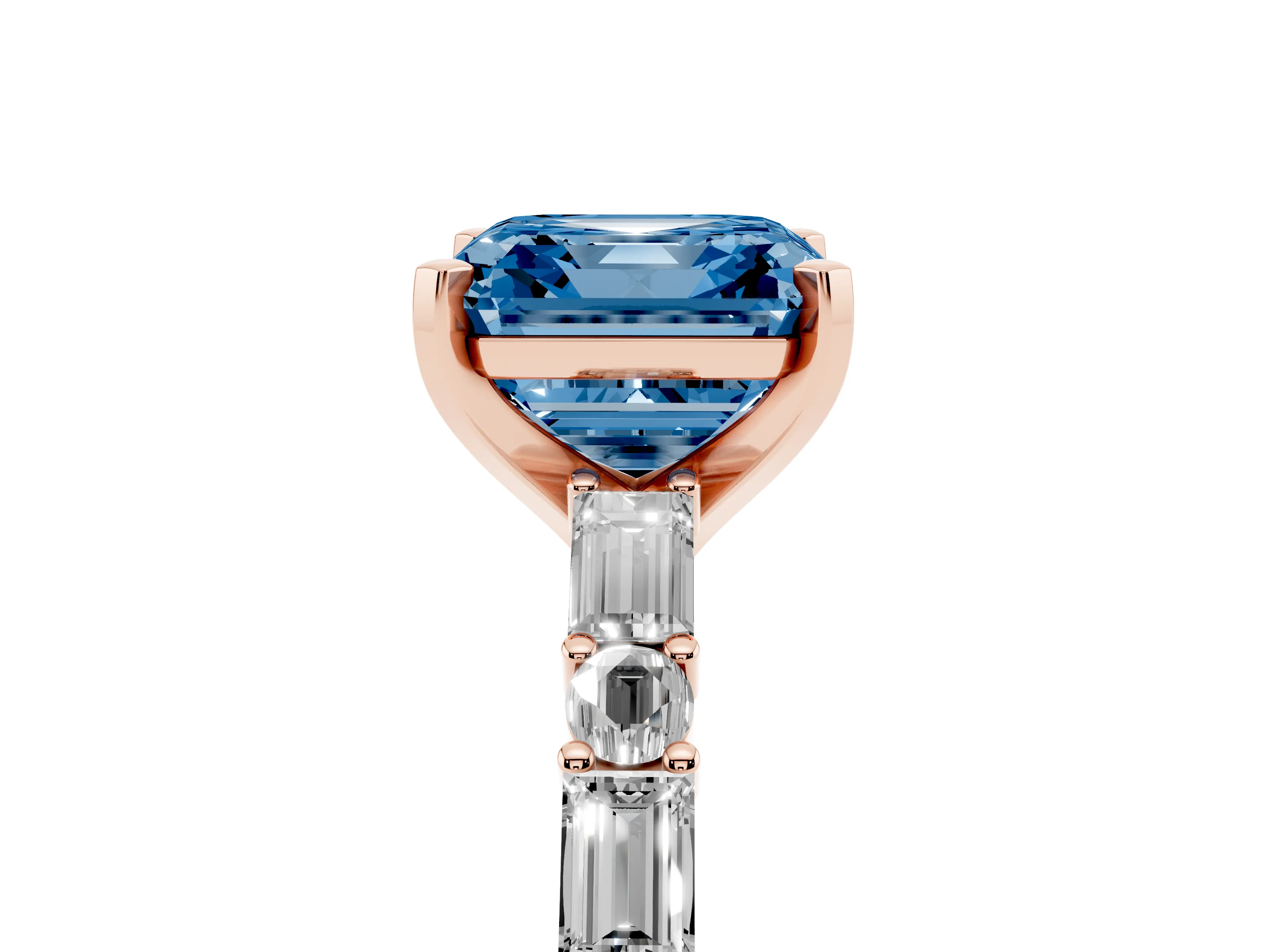 Fancy Blue Asscher Cut Diamond Solitaire Set in Rose gold with Side Baguettes and Channel Set Band