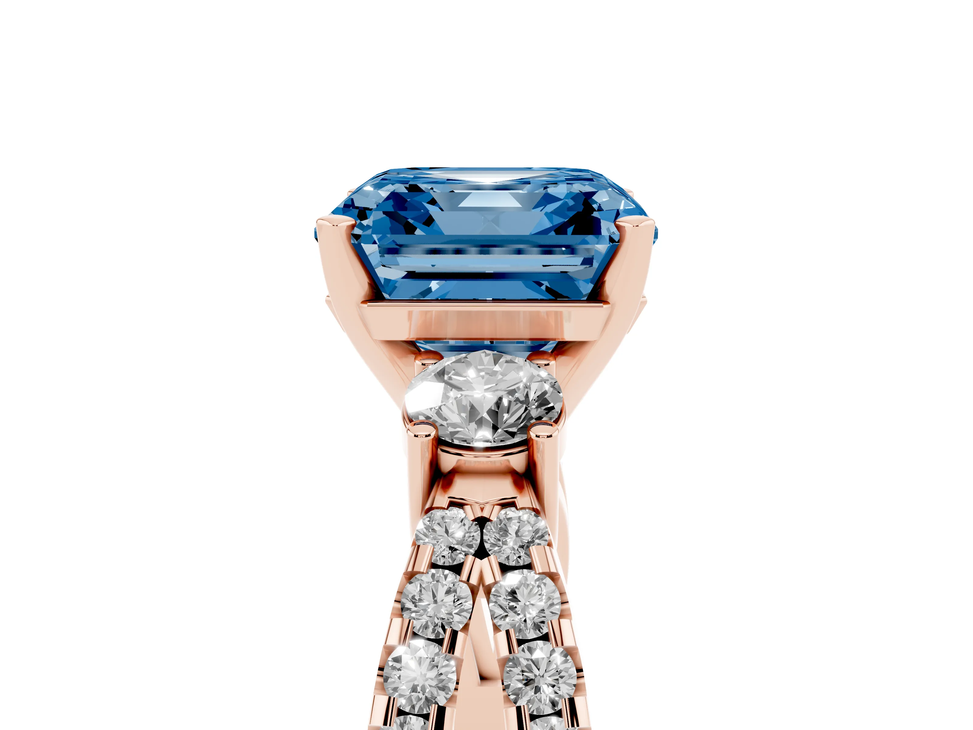 Fancy Blue Asscher Cut Diamond Three-Stone Ring Set in Rose gold with Pavé Split Shank and Prong Setting