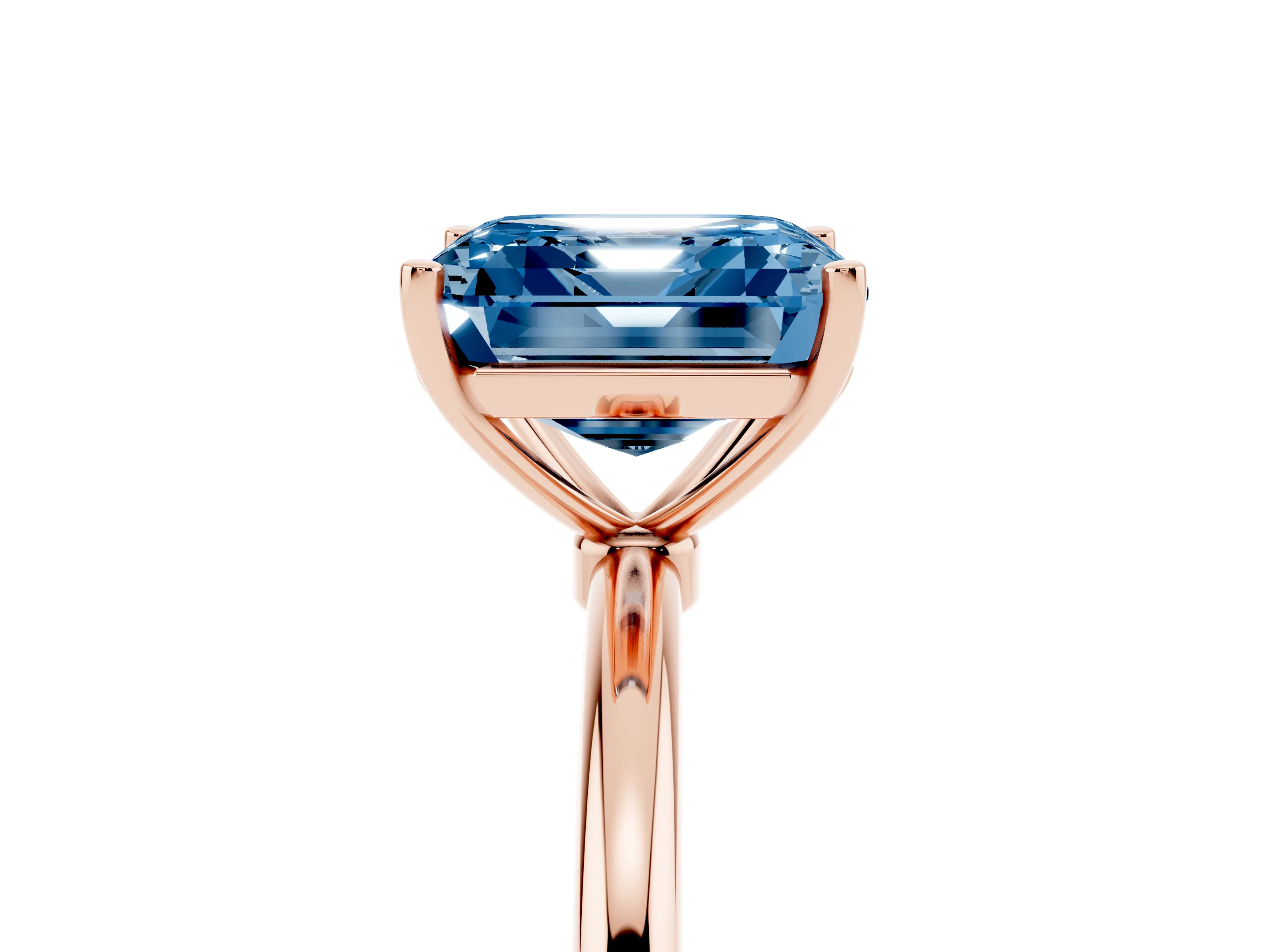 Fancy Blue Asscher Cut Diamond Solitaire Engagement Ring Set in Rose gold with Thin Band and Prong Setting