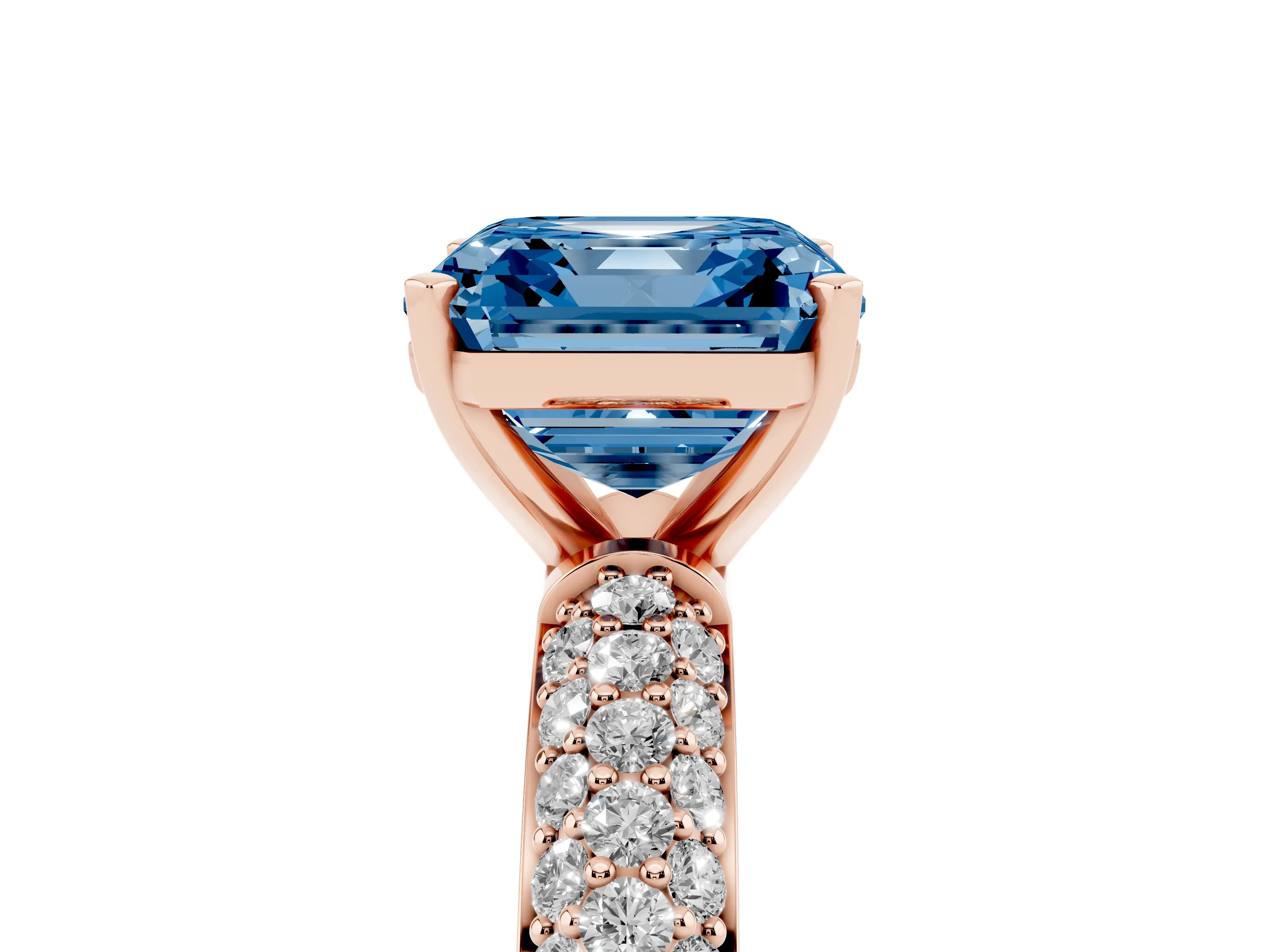 Fancy Blue Asscher Cut Diamond Solitaire Ring Set in Rose gold with Prong Setting and Pavé-Set Band