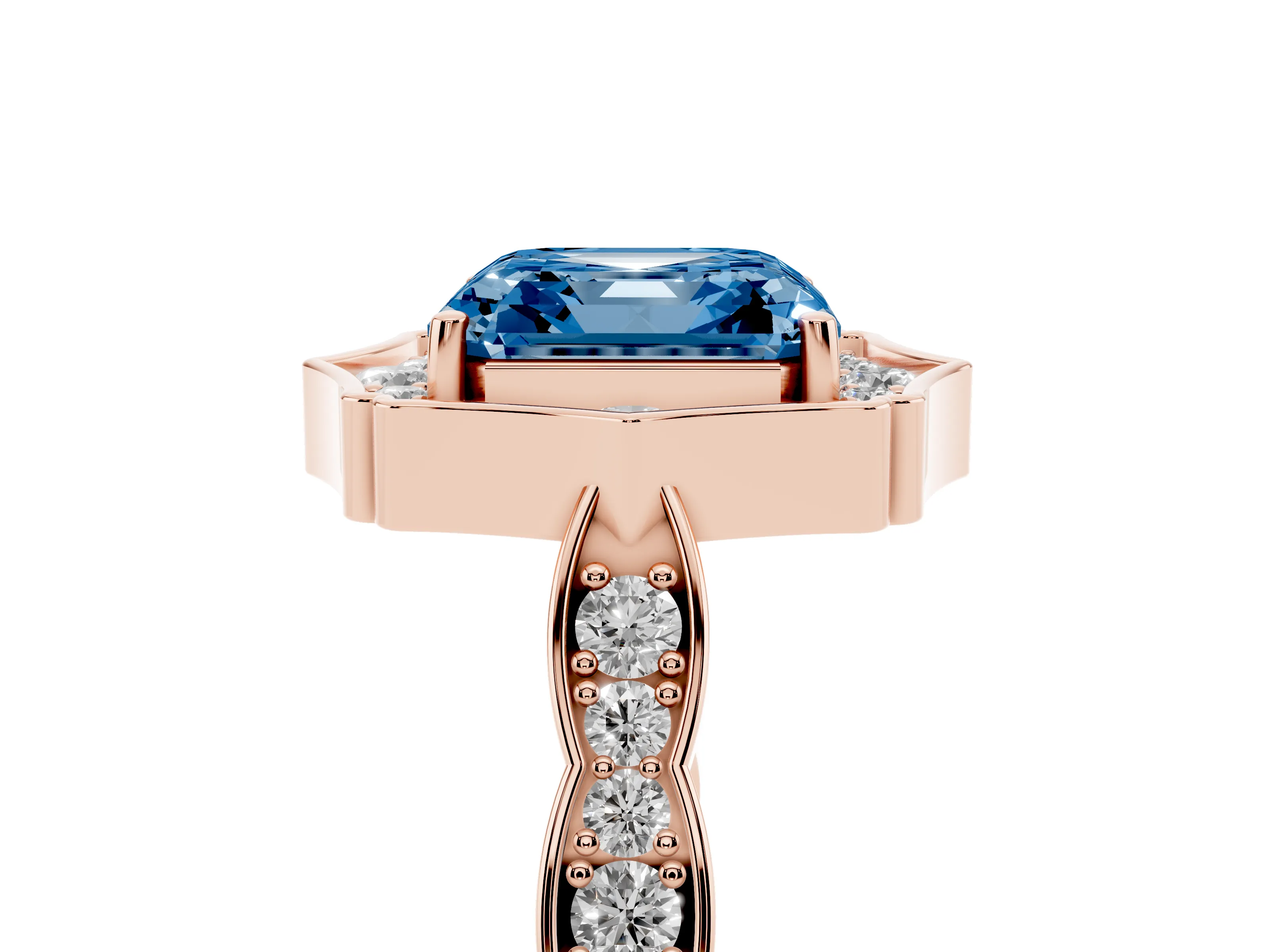 Fancy Blue Asscher Cut Diamond Halo Engagement Ring Set in Rose gold with Milgrain Band and Prong Setting