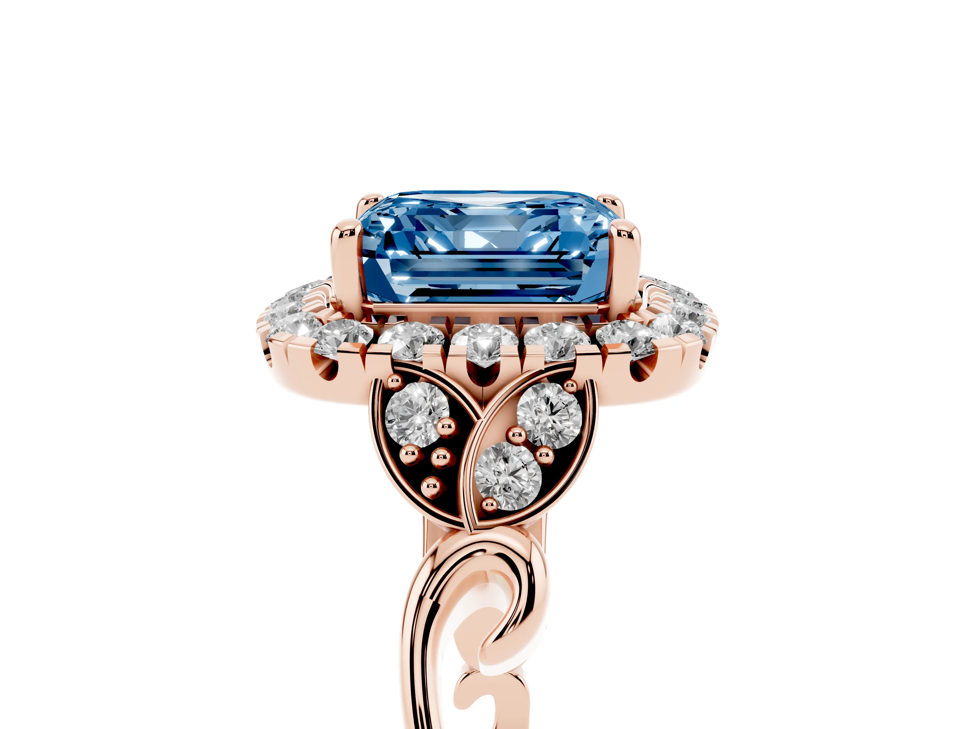 Fancy Blue Asscher Cut Diamond Halo Engagement Ring Set in Rose gold with Vintage-Inspired Band and Prong Setting