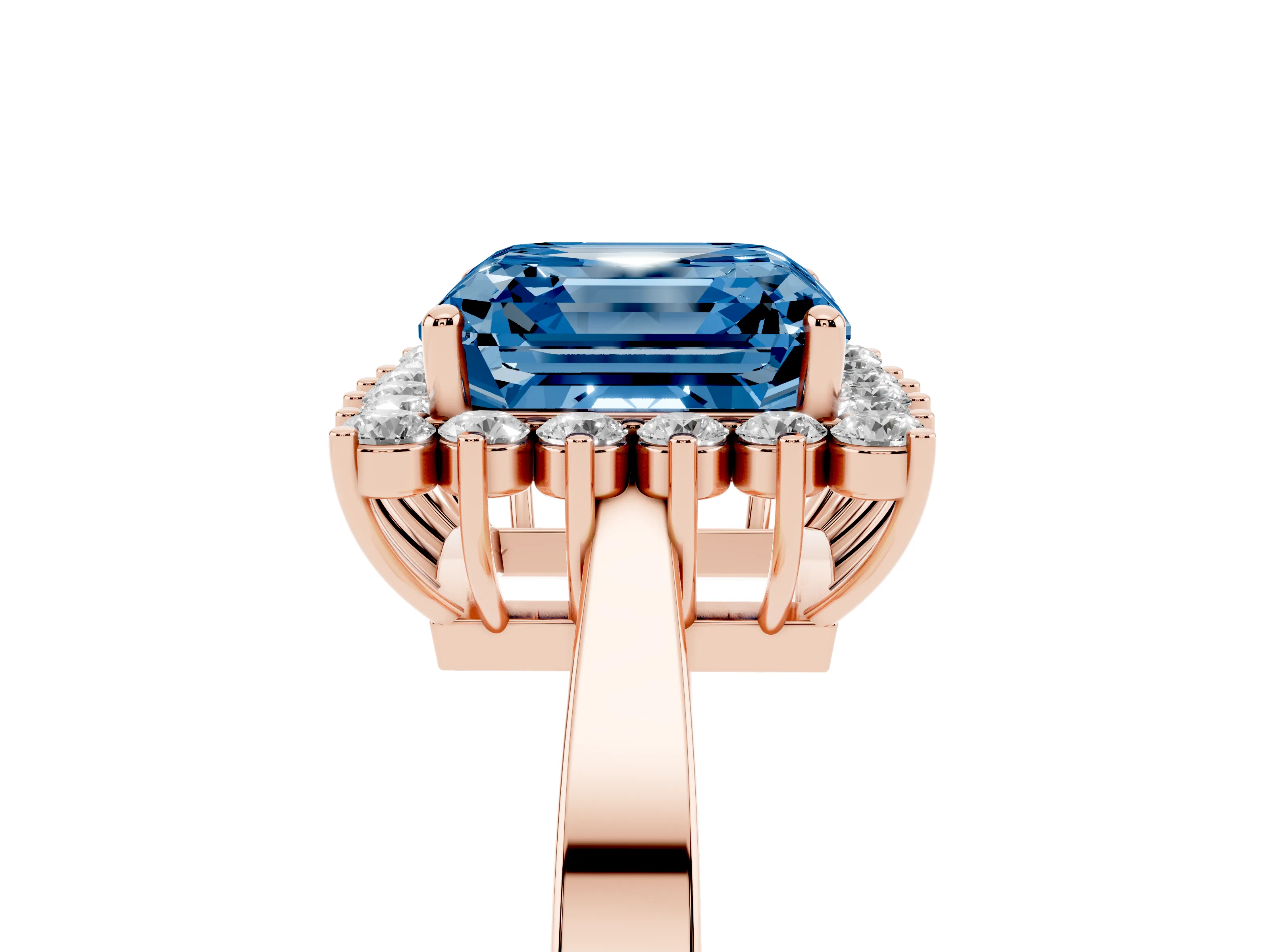 Fancy Blue Asscher Cut Diamond Halo Ring Set in Rose gold with Round Halo and Smooth Solitaire Band