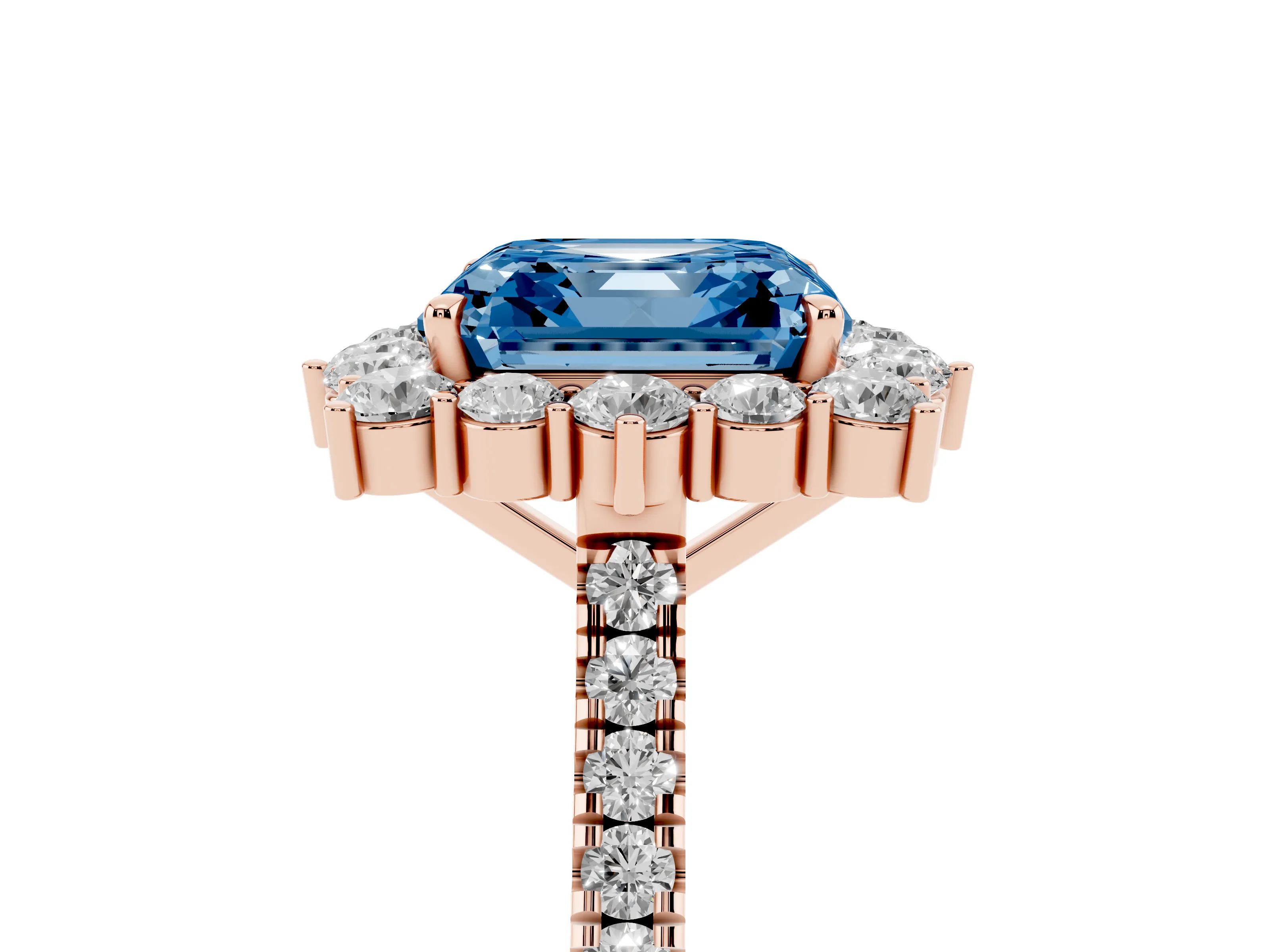 Fancy Blue Asscher Cut Diamond Halo Ring Set in Rose gold with Pavé Band and Prong Setting