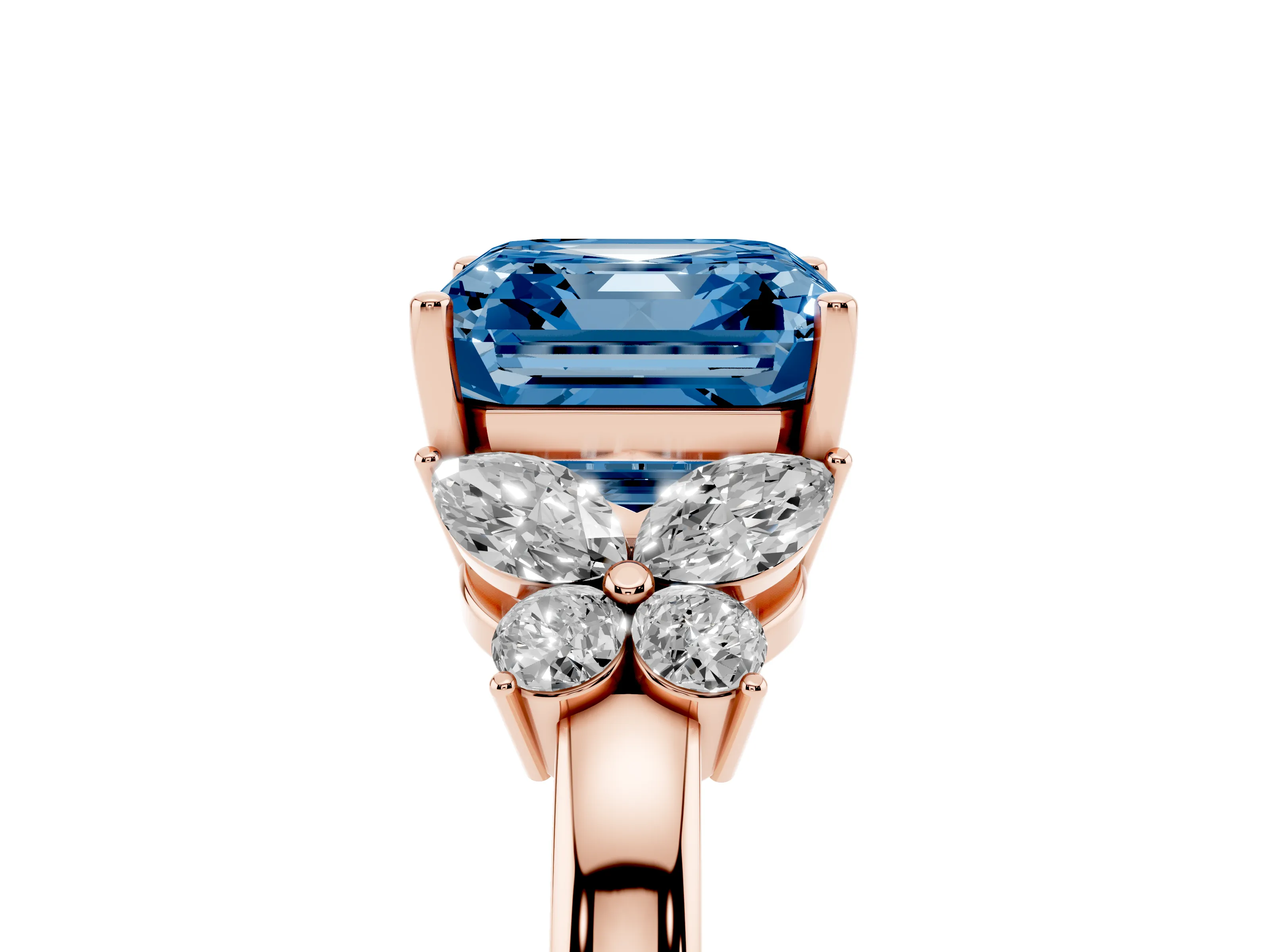 Fancy Blue Asscher Cut Diamond Solitaire Floral Ring Set in Rose gold with Marquise Petals and Prong Setting
