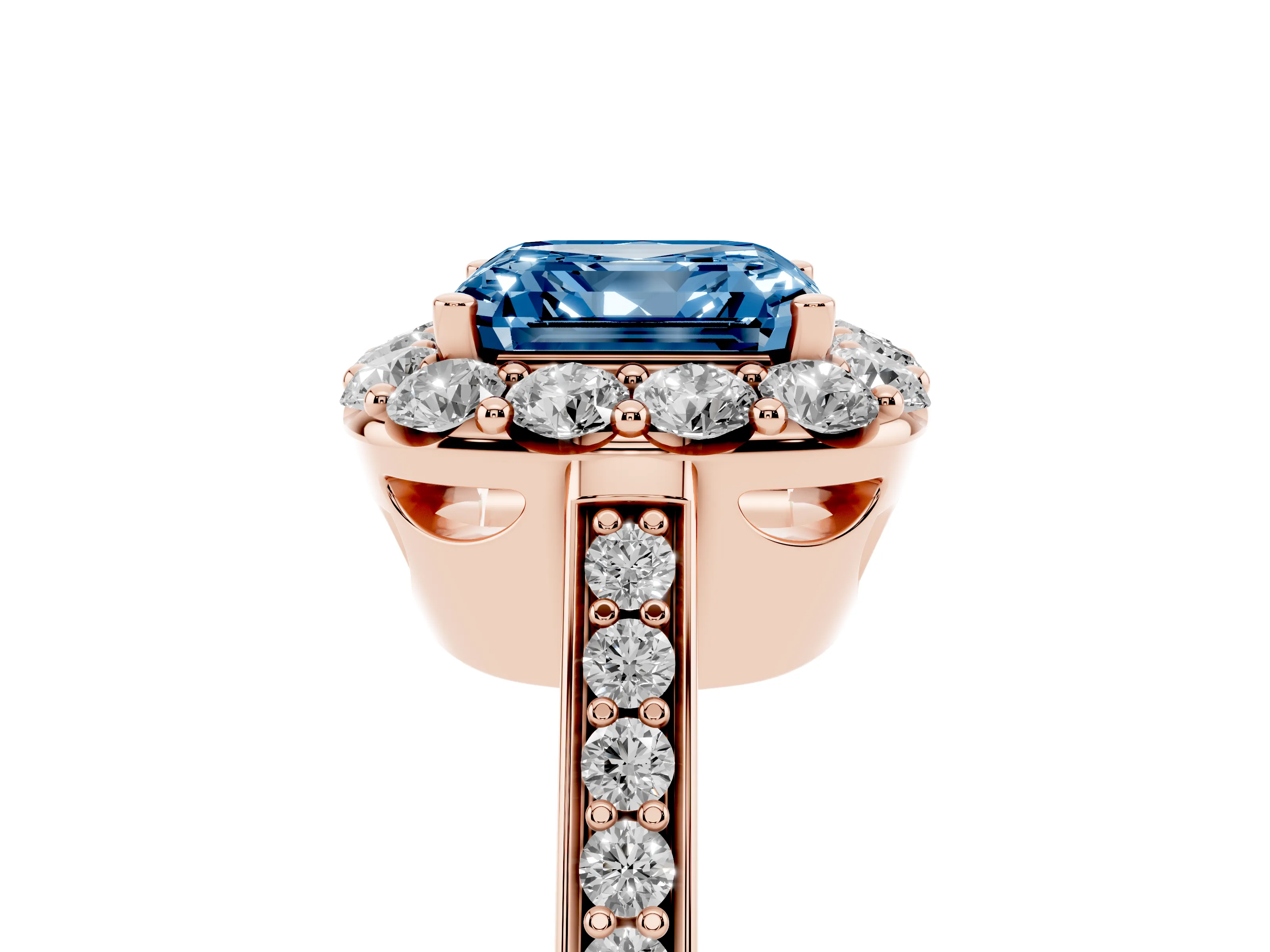 Fancy Blue Asscher Cut Diamond Floral Halo Ring Set in Rose gold with Pavé Band and Prong Setting