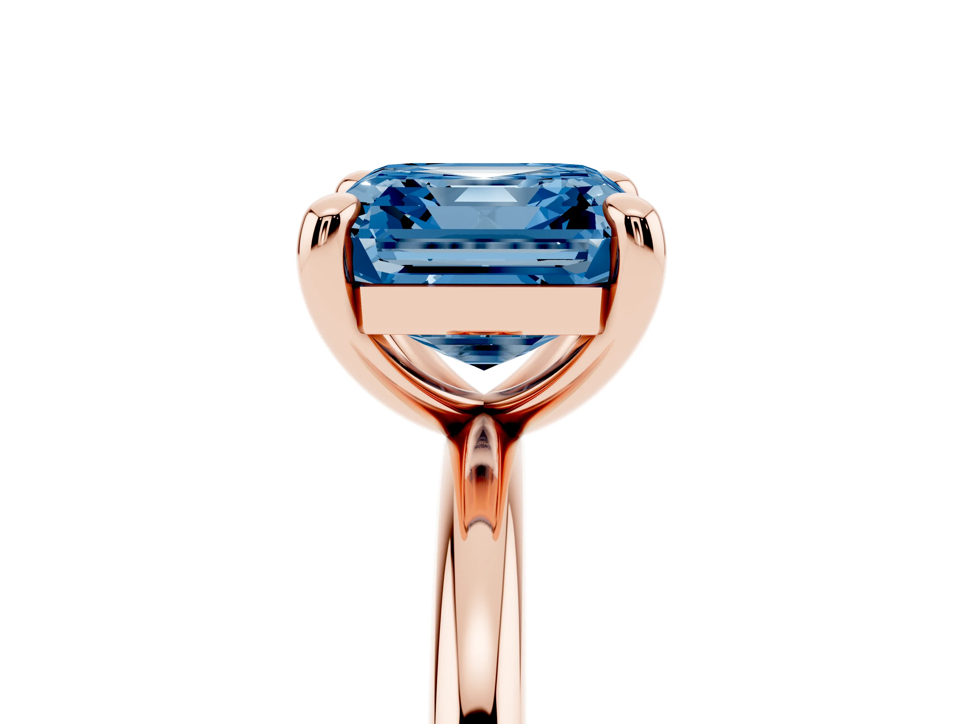 Fancy Blue Asscher Cut Diamond Solitaire Ring Set in Rose gold with Prong Setting on a Polished Plain Band