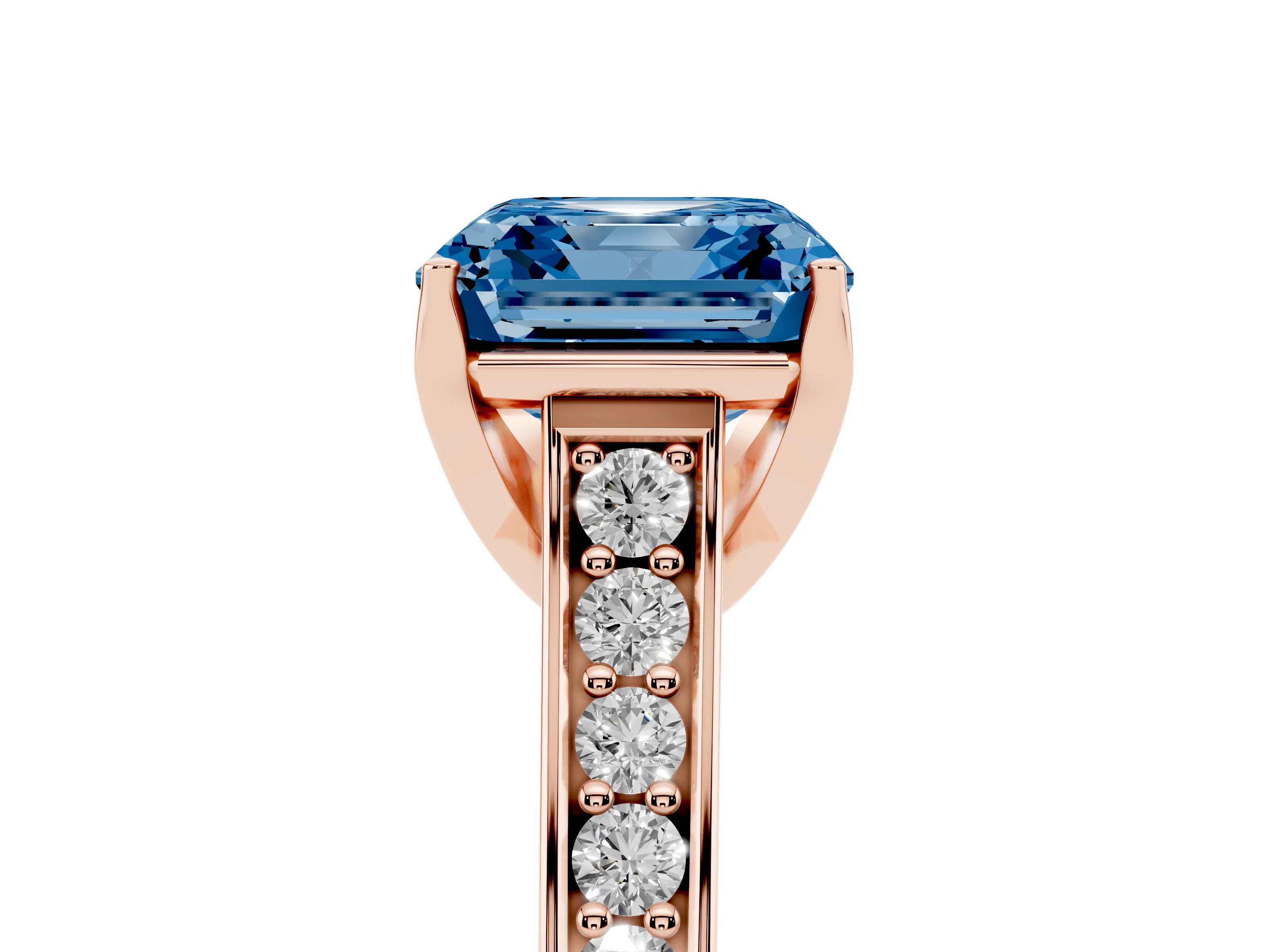 Fancy Blue Asscher Cut Diamond Solitaire Pavé Engagement Ring Set in Rose gold with Prong Setting
