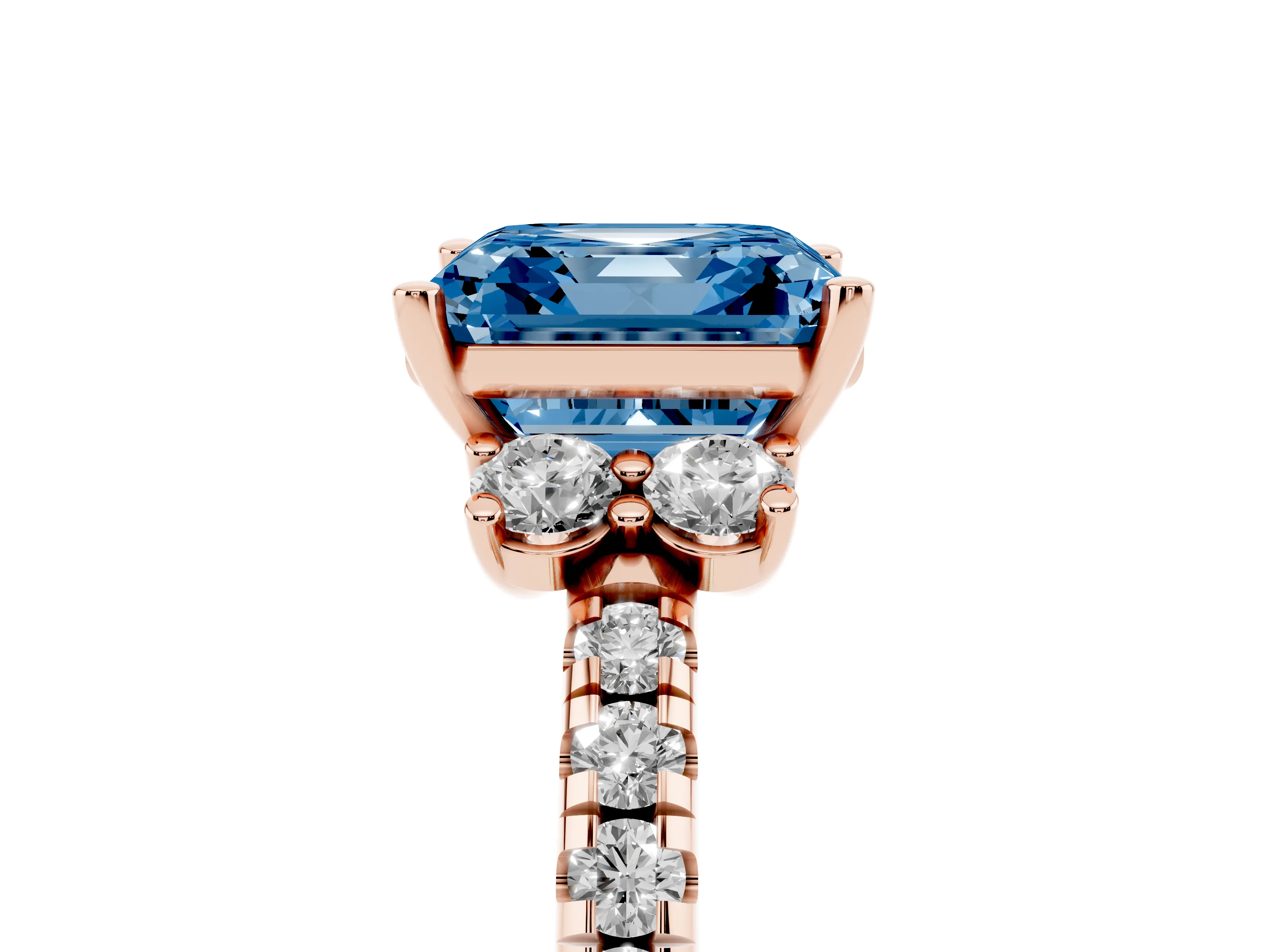 Fancy Blue Asscher Cut Diamond Three-Stone Pavé Ring Set in Rose gold with Prong Setting