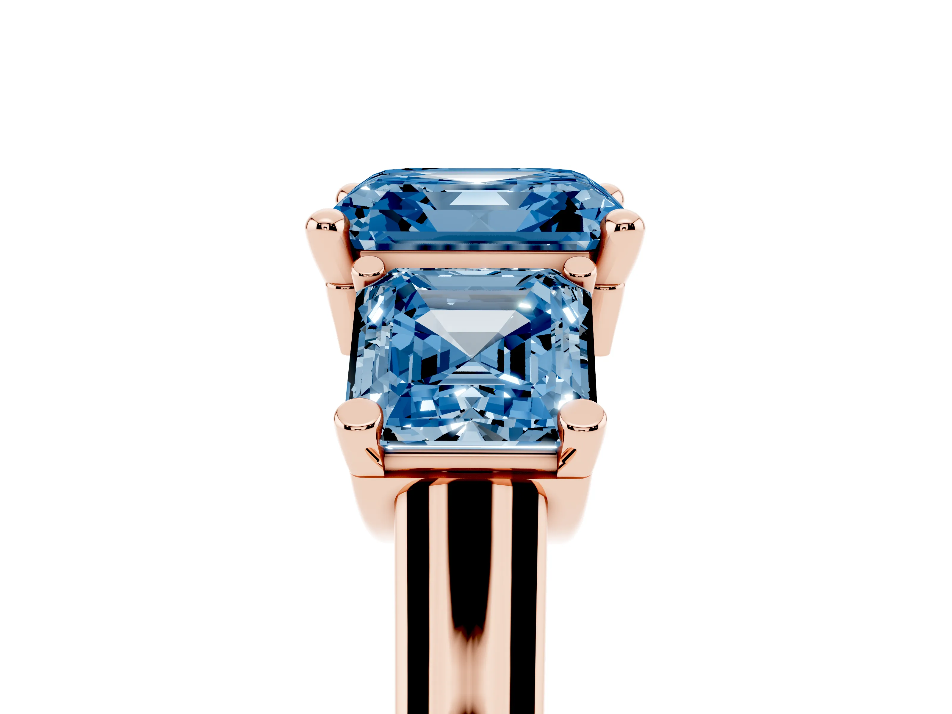 Fancy Blue Asscher Cut Diamond Three-Stone Trellis Ring Set in Rose gold with Comfort Fit Band