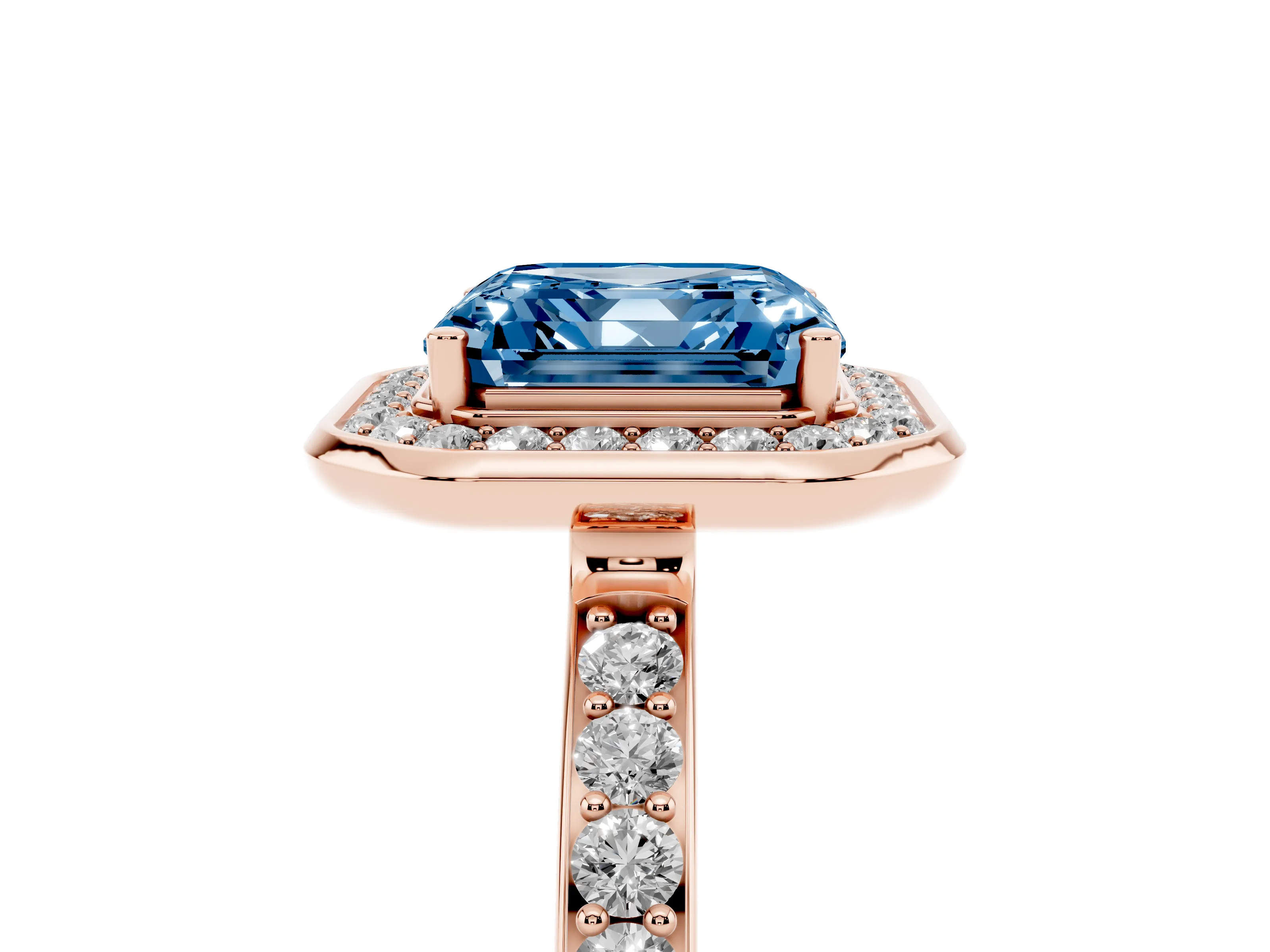 Fancy Blue Asscher Cut Diamond Halo Ring Set in Rose gold with Bezel Frame and Pavé Band