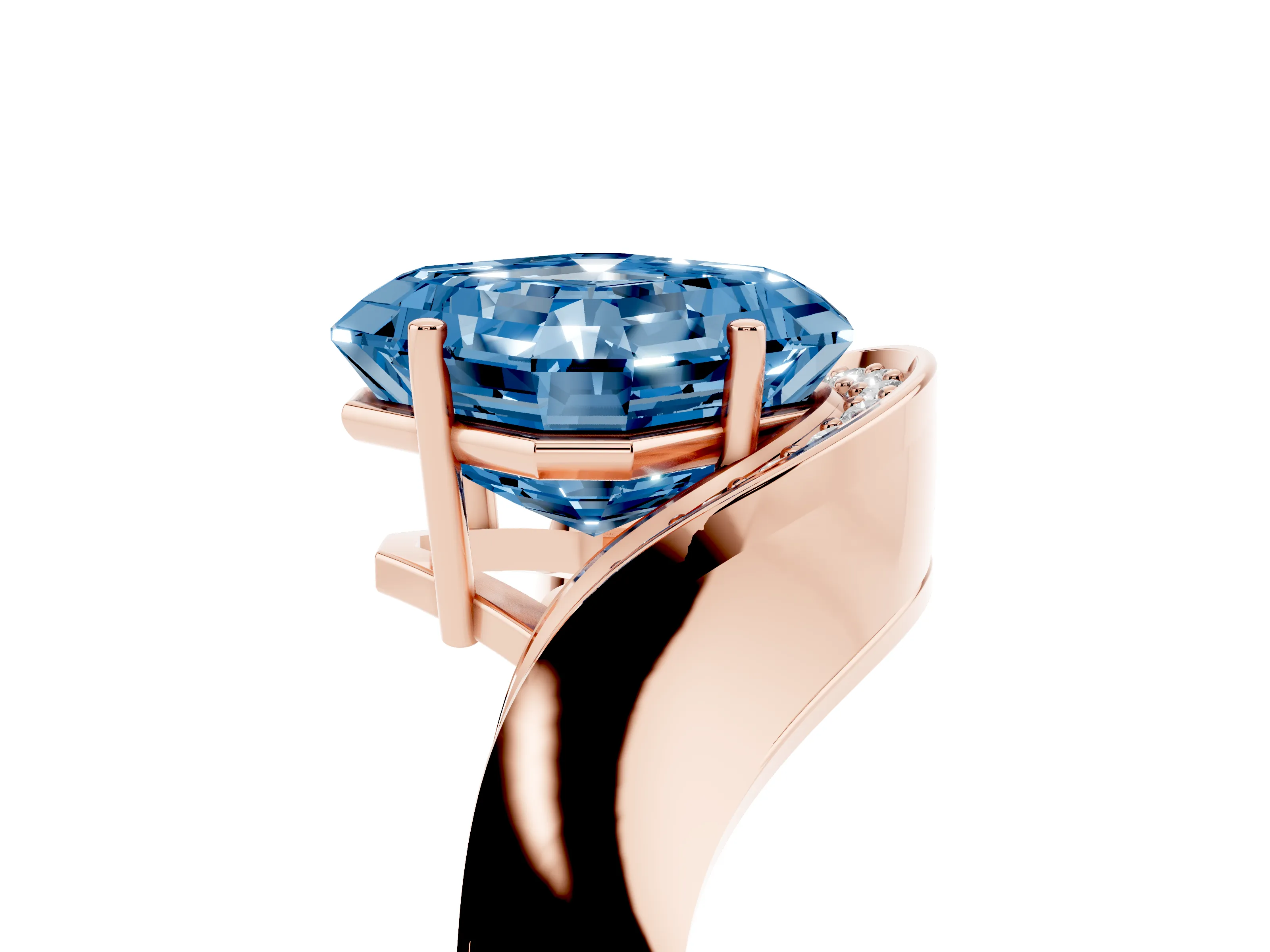 Fancy Blue Asscher Cut Diamond Solitaire Engagement Ring Set in Rose gold with Pavé Shoulders