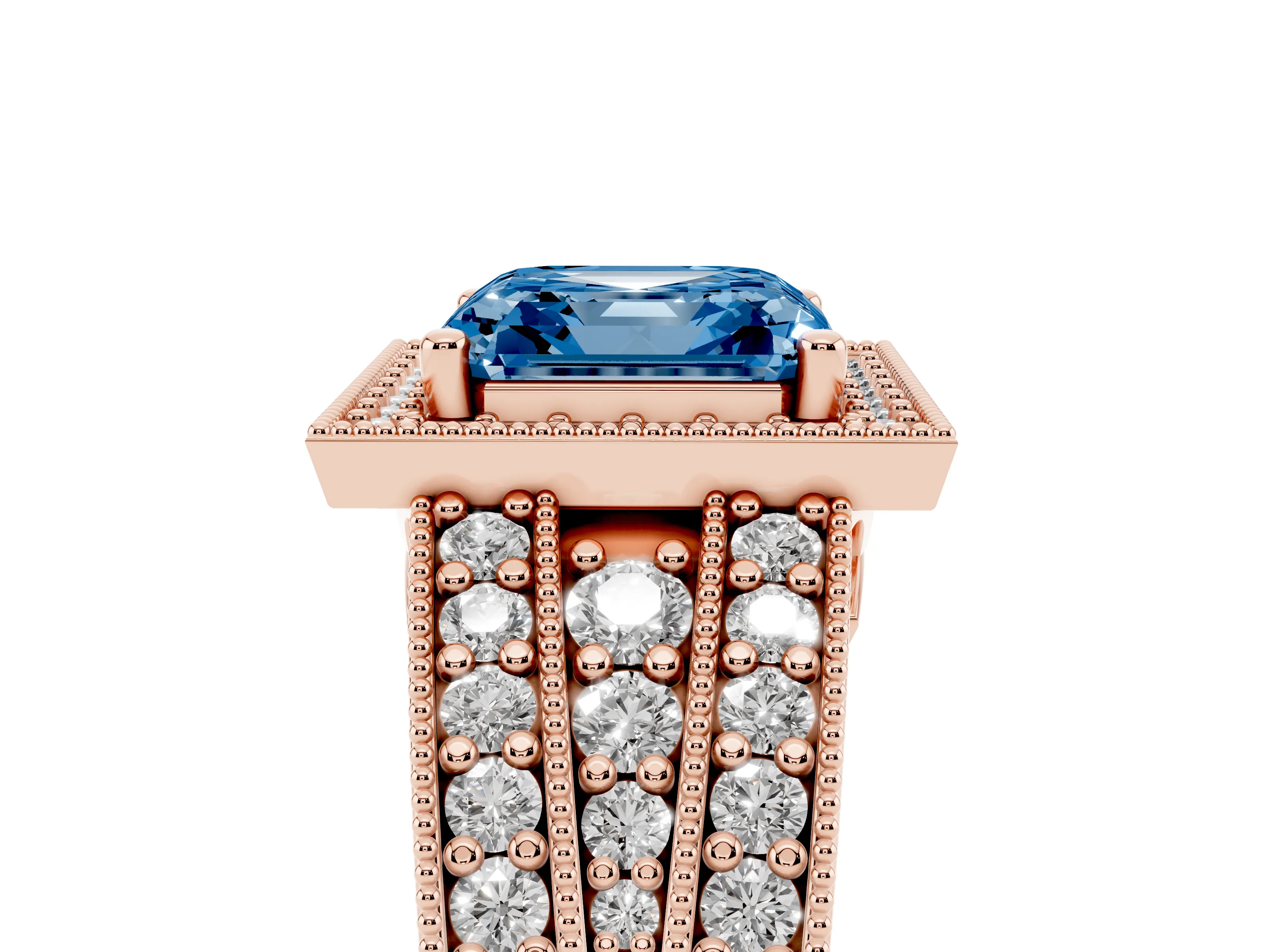 Fancy Blue Asscher Cut Diamond Halo Ring Set in Rose gold with Accent Split Shank and Prong Setting