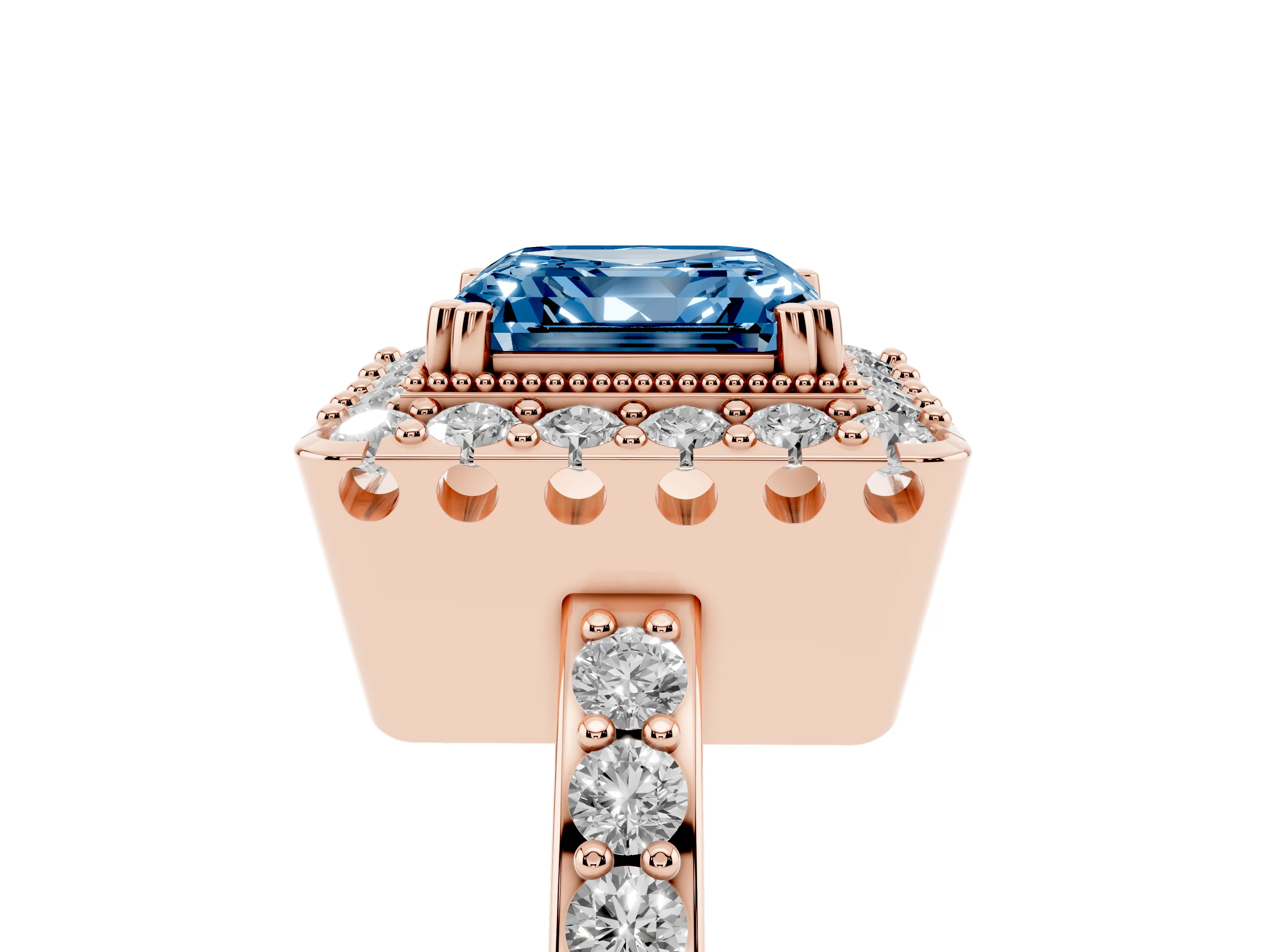 Fancy Blue Asscher Cut Diamond Halo Ring Set in Rose gold with Pavé Shank and Prong Setting
