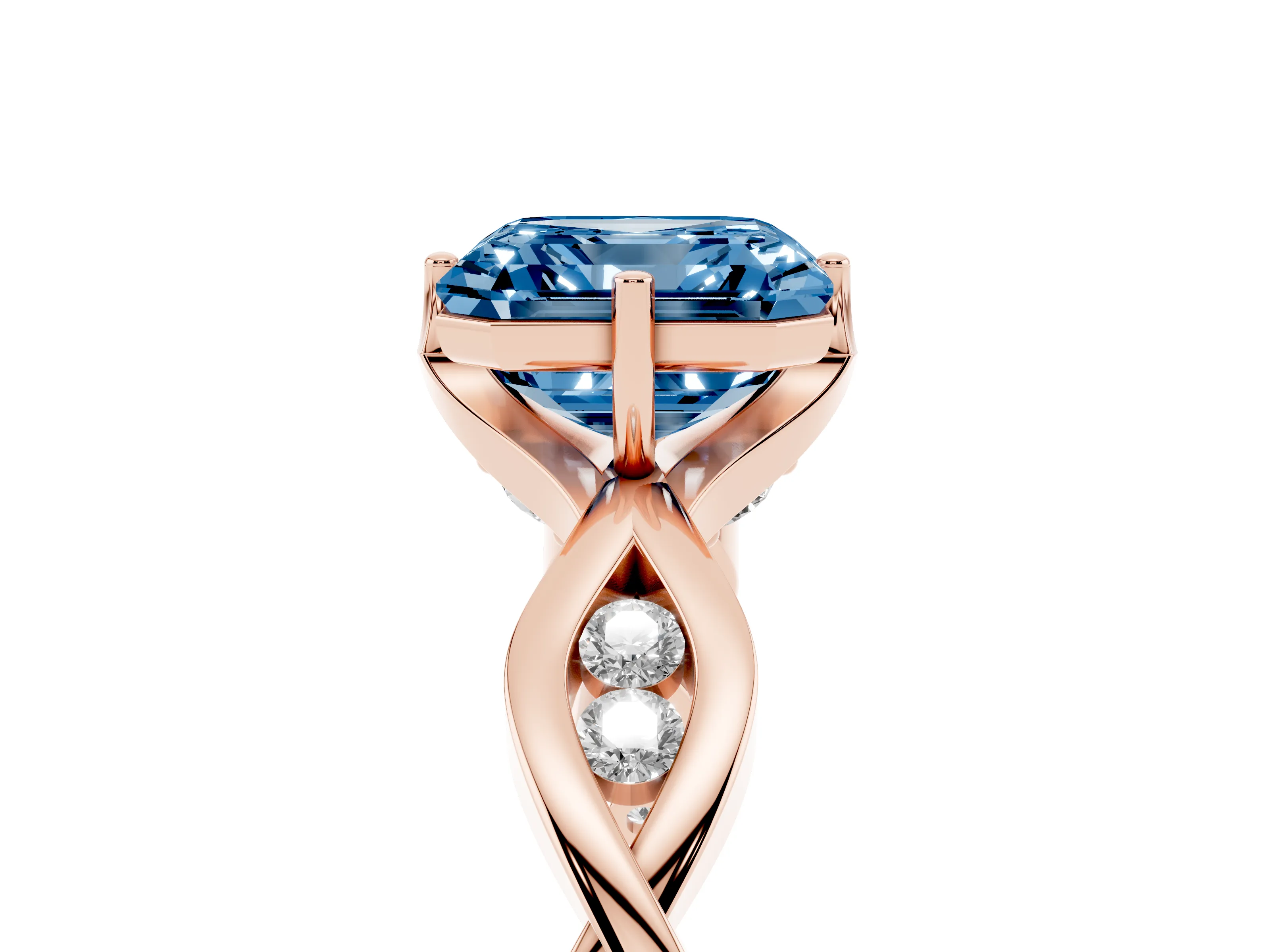 Fancy Blue Asscher Cut Diamond Twist Band Solitaire Ring Set in Rose gold with Leaf Prong Setting and Accent Stones