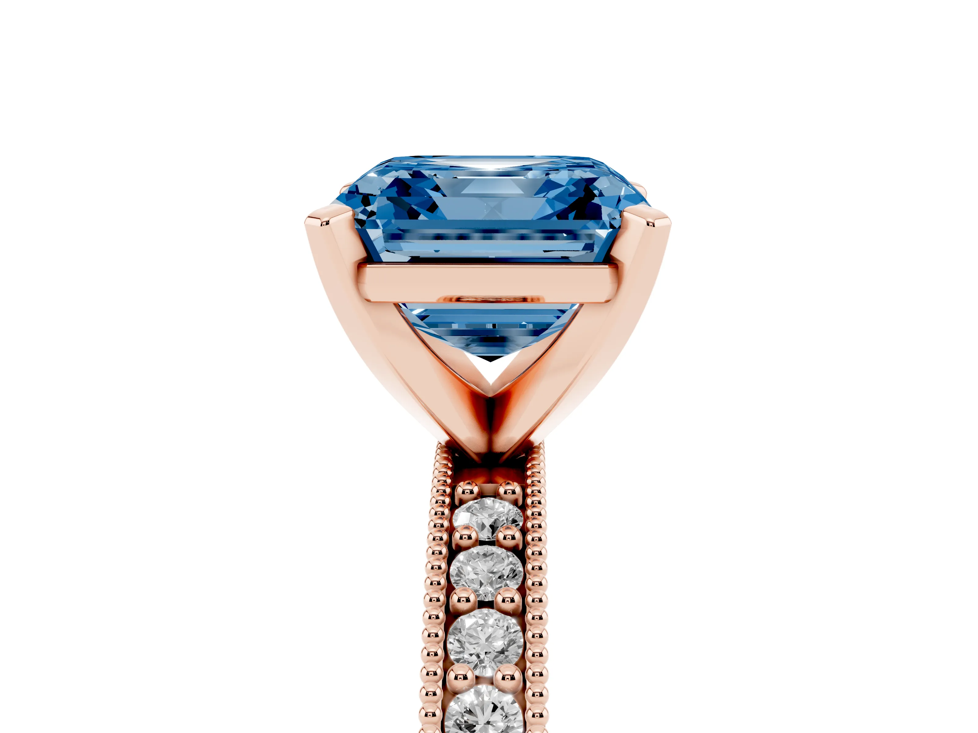 Fancy Blue Asscher Cut Diamond Milgrain Pavé Engagement Ring Set in Rose gold with Prong Setting