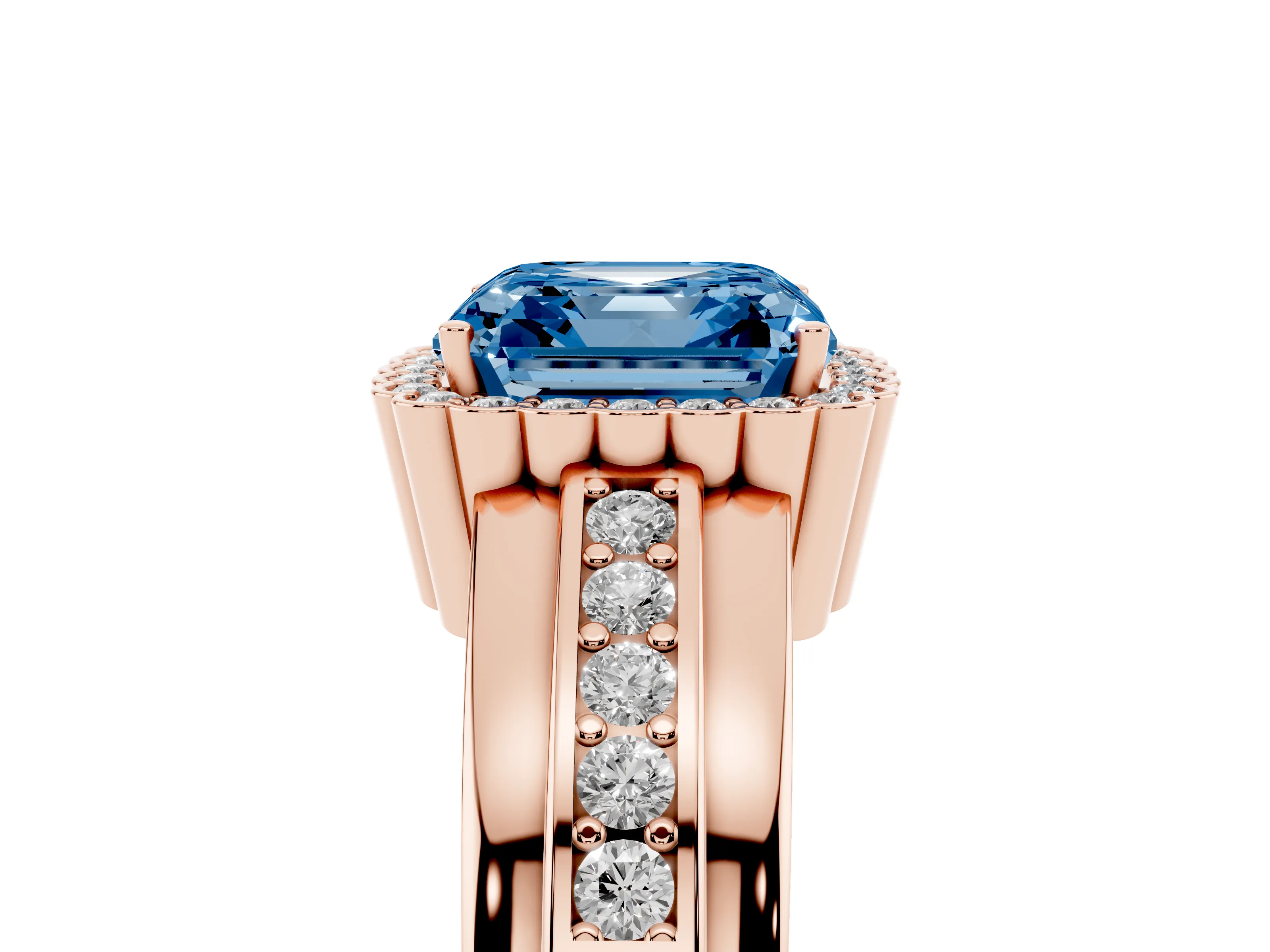 Fancy Blue Asscher Cut Diamond Halo Prong Ring Set in Rose gold with Pavé Band