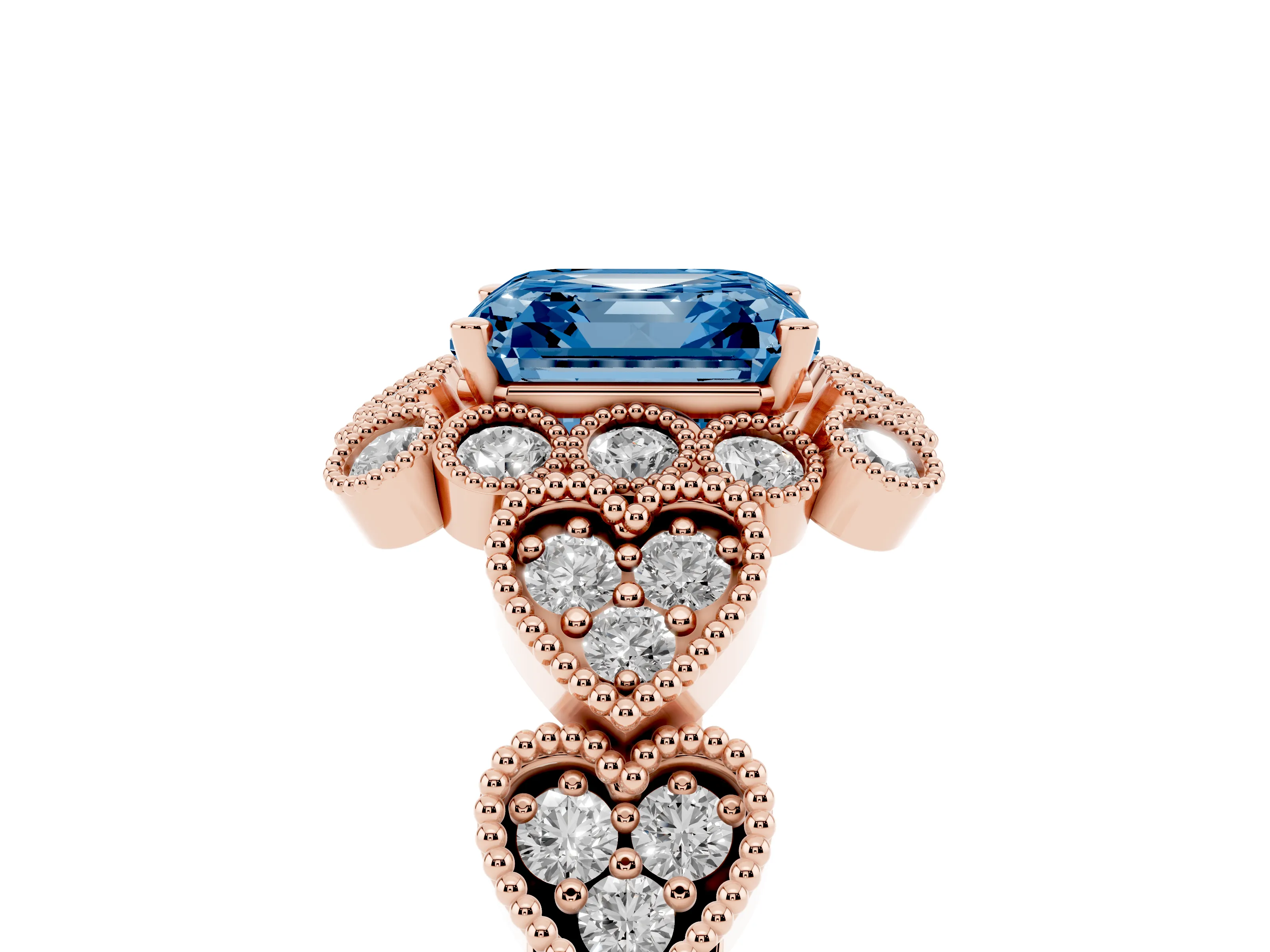 Fancy Blue Asscher Cut Diamond Solitaire Ring Set in Rose gold with Milgrain Pavé Heart Band