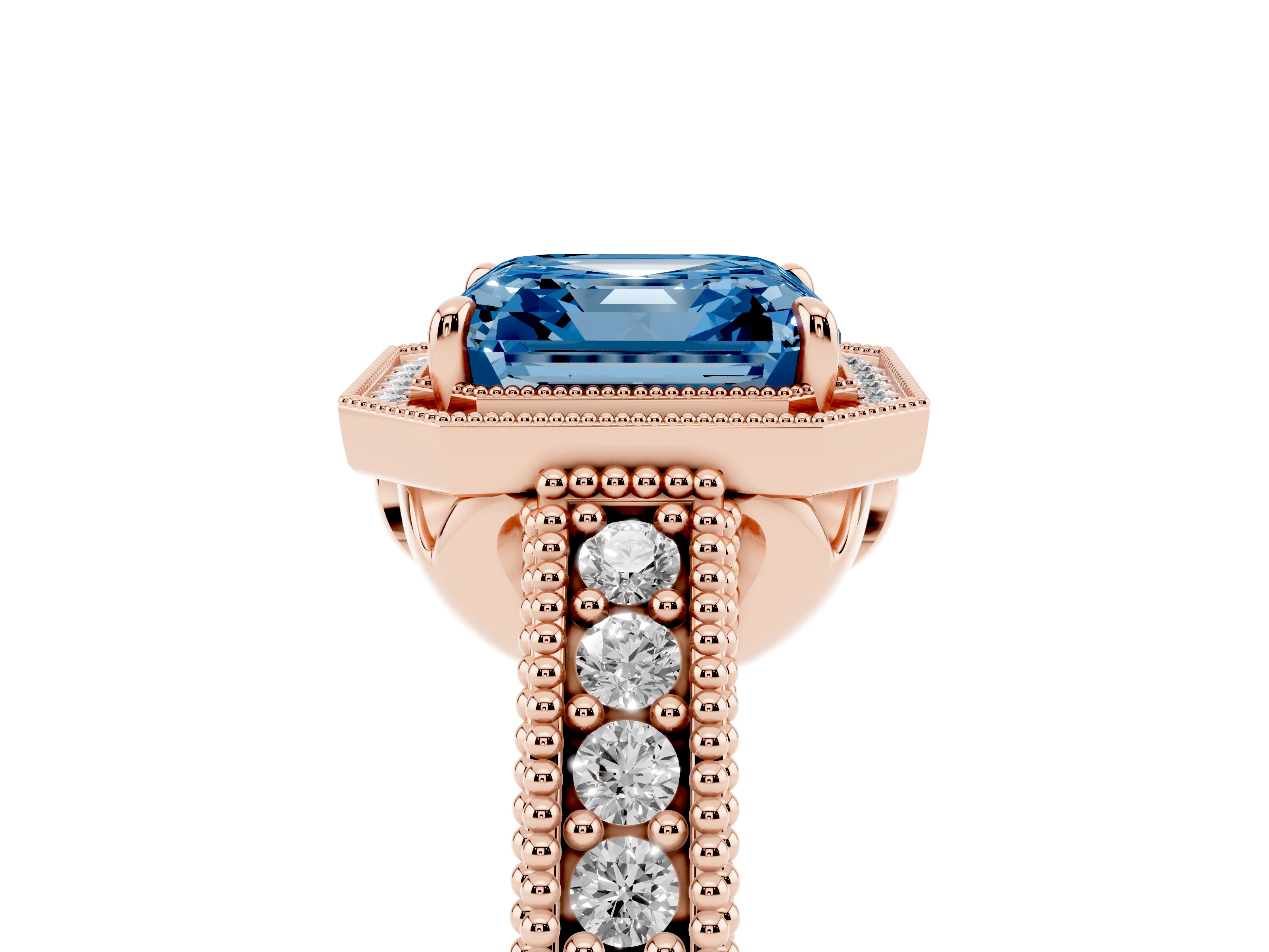 Fancy Blue Asscher Cut Diamond Halo Ring Set in Rose gold with Round Accent Halo, Pavé Band and Prong Setting