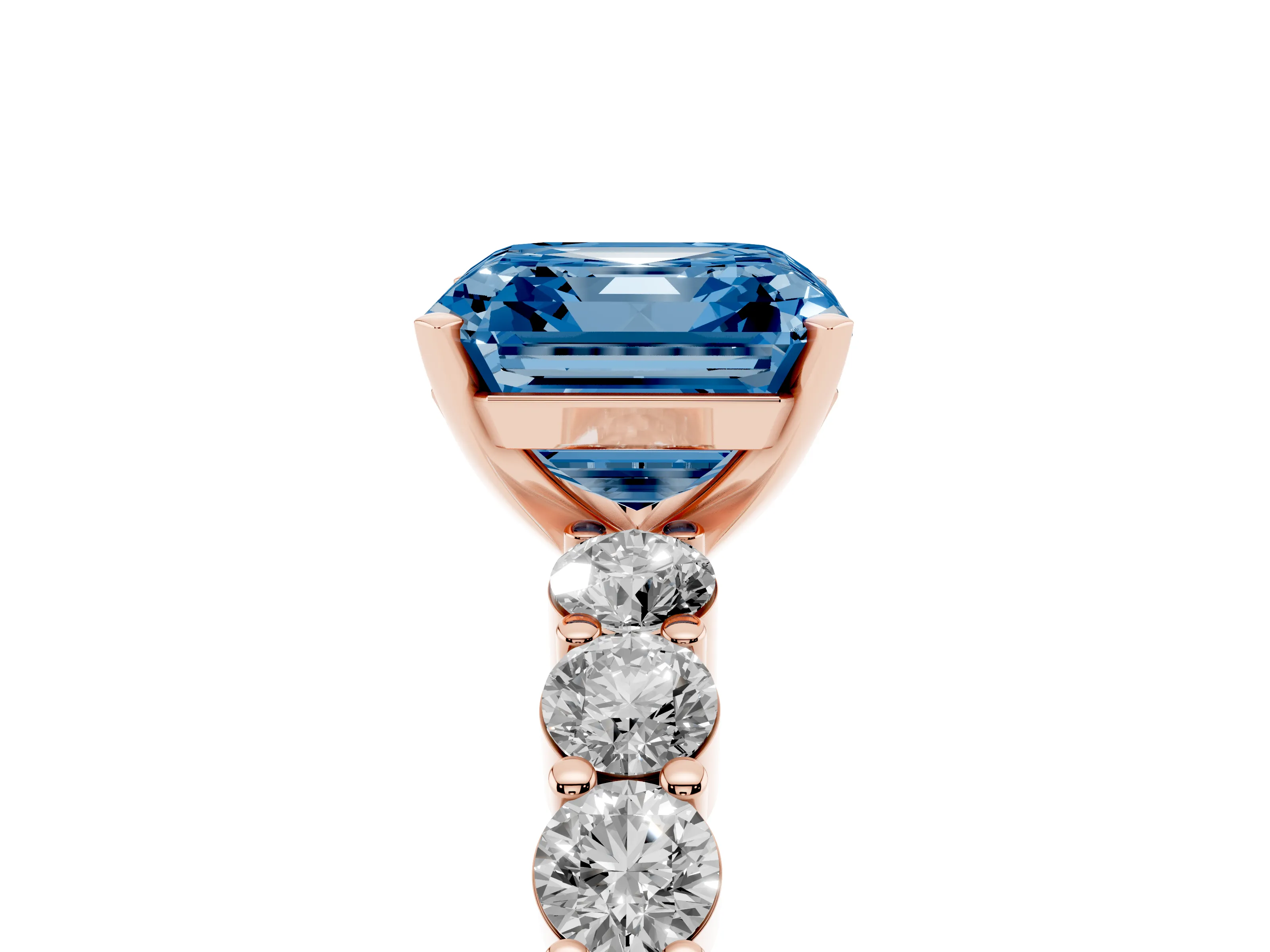 Fancy Blue Asscher Cut Diamond Solitaire Ring Set in Rose gold with Shared Prong Round Side Stones